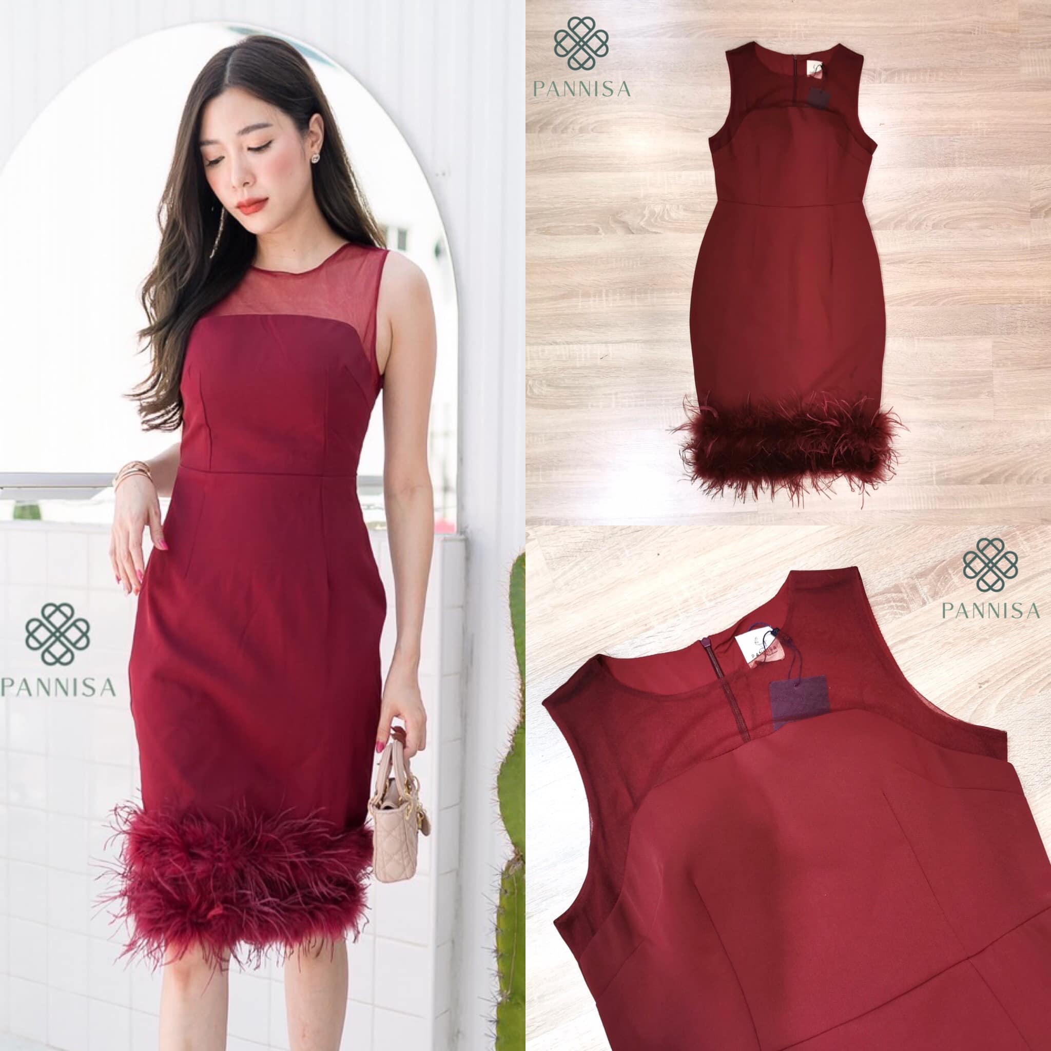 เดรสแขนกุดสีแดงที่เน้นช่วงชายกระโปรงด้วย ขนนก2ชั้น ฟูแบบมีเลเยอร์ด้วยขนที่แน่น ฟรุ้งฟริ้ง สินค้าคุณภาพ (พร้อมส่ง)