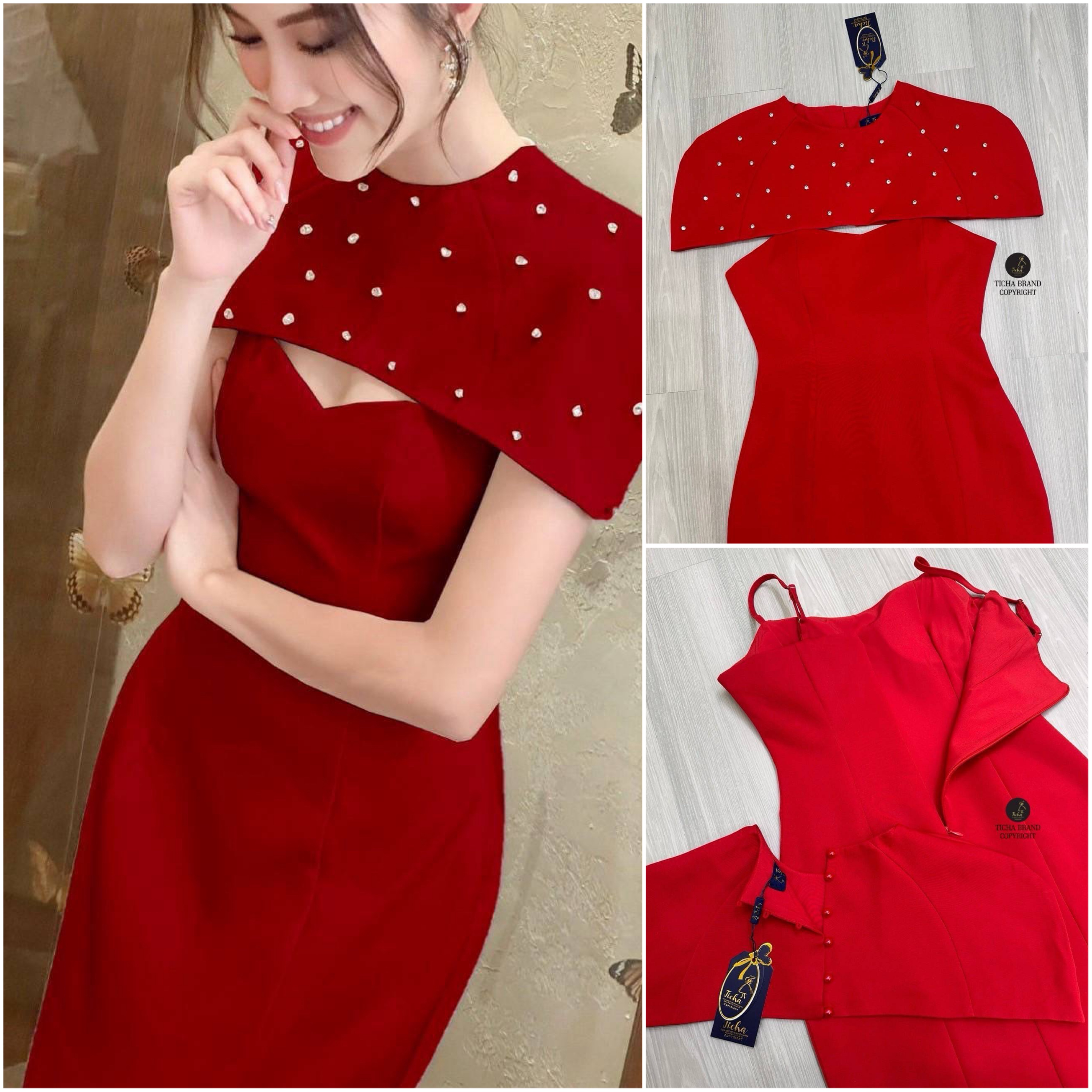 ชุดset2ชิ้น สีแดงเดรสสายเดี่ยว อกเย็บเสริมฟองน้ำให้ทรงสวย ดีไซน์แต่งผ่าหลังเล็กน้อย งานซิปหลัง มาพร้อมเสื้อคลุมไหล่ตัวสั้นดีไซน์น่ารักมากๆ ดีเทลตอกหมุดเพชรให้เด่นสวย และมีกระดุมมุกเกี่ยวด้านหลัง งานสวย ผ้านิ่มใส่สบาย ใส่สบาย : สินค้าคุณภาพ (พร้อมส่ง)