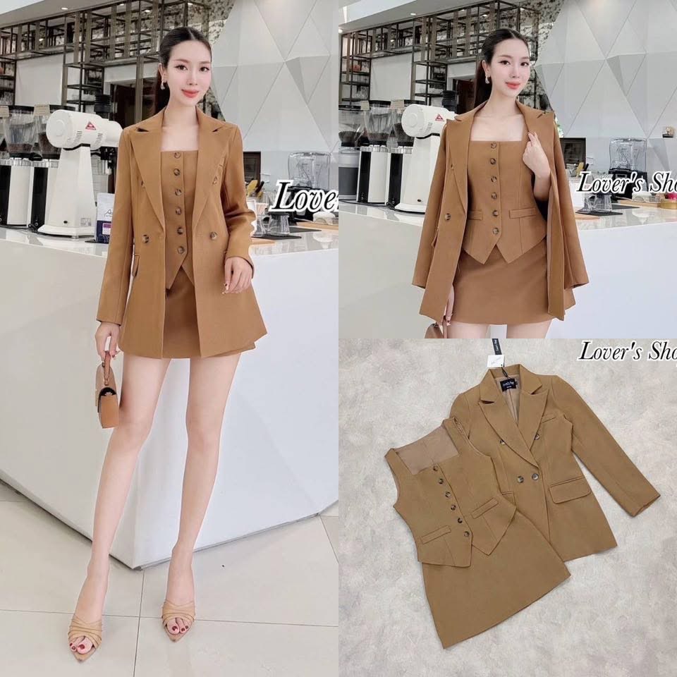 Set 3ชิ้น เสื้อสูท+เสื้อกั๊ก+กระโปรง ลุคคเรียบหรูดูผู้ดี ใส่สบาย : สินค้าคุณภาพ (พร้อมส่ง)