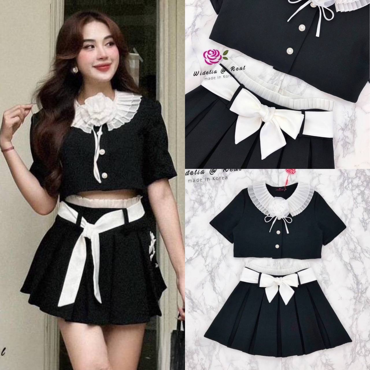 Set เสื้อแขนสั้นตัวสวยทรงดี รอบคอเก๋ด้วยผ้าอัดพลีทสวยเด้ง แต่งเข็มกลัด ตัวเสื้อทรงปล่อยใส่ง่าย +กระโปรงทรงเอบาน ใส่สบาย สินค้าคุณภาพ (พร้อมส่ง)