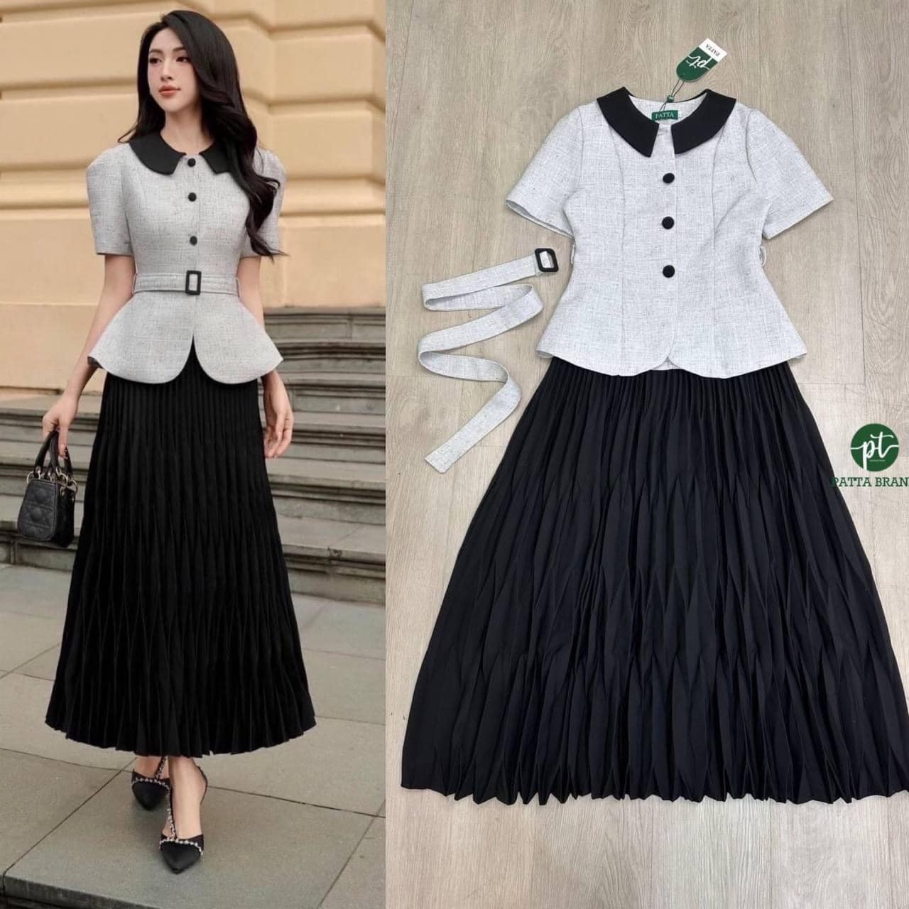 set2 ชิ้น เสื้อBlazerแขนสั้นสีเทา ดีไซน์แต่งปกดำ ผ้าทอเส้นเล็กมีเทคเจอร์สวย ทรงสวย +เข็มขัดใส่แม๊ท เข้าเซตปรับเข้ารูป+ กระโปรงอัดพรีทสีดำ(ซิปข้าง) ใส่สบาย สินค้าคุณภาพ (พร้อมส่ง)
