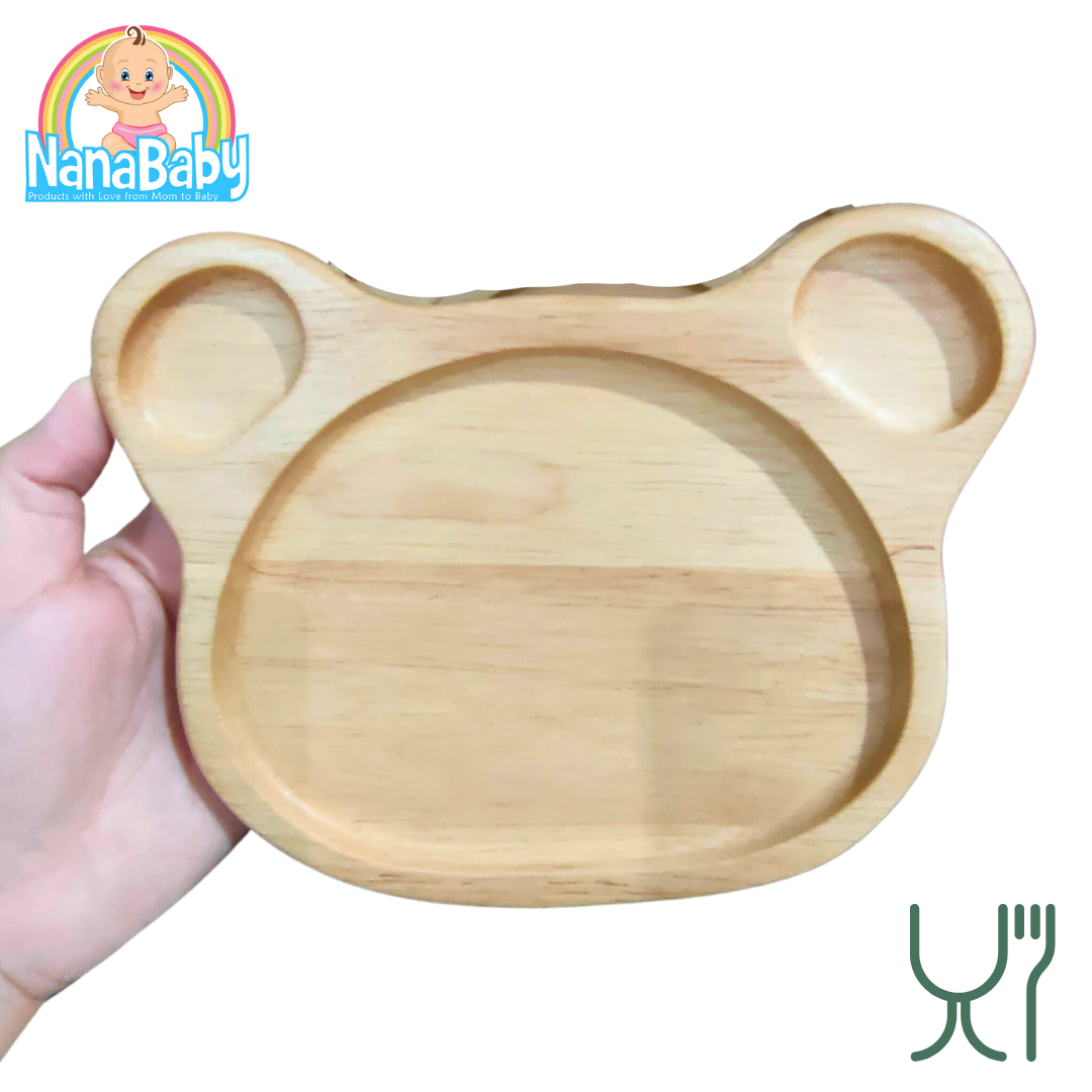 จานไม้กลม จานไม้รูปหมี จานไม้ถาด ถ้วยไม้ จากไม้ยางพาราแท้ Food Grade Japanese Wood Plate by NanaBaby