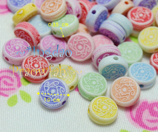 4136mt ลูกปัดปั๊มลายกังหันนำโชค กว้าง 1 ซม. x หนา 3.5 มิล. คละสี (10 กรัม / 30 ชิ้น)