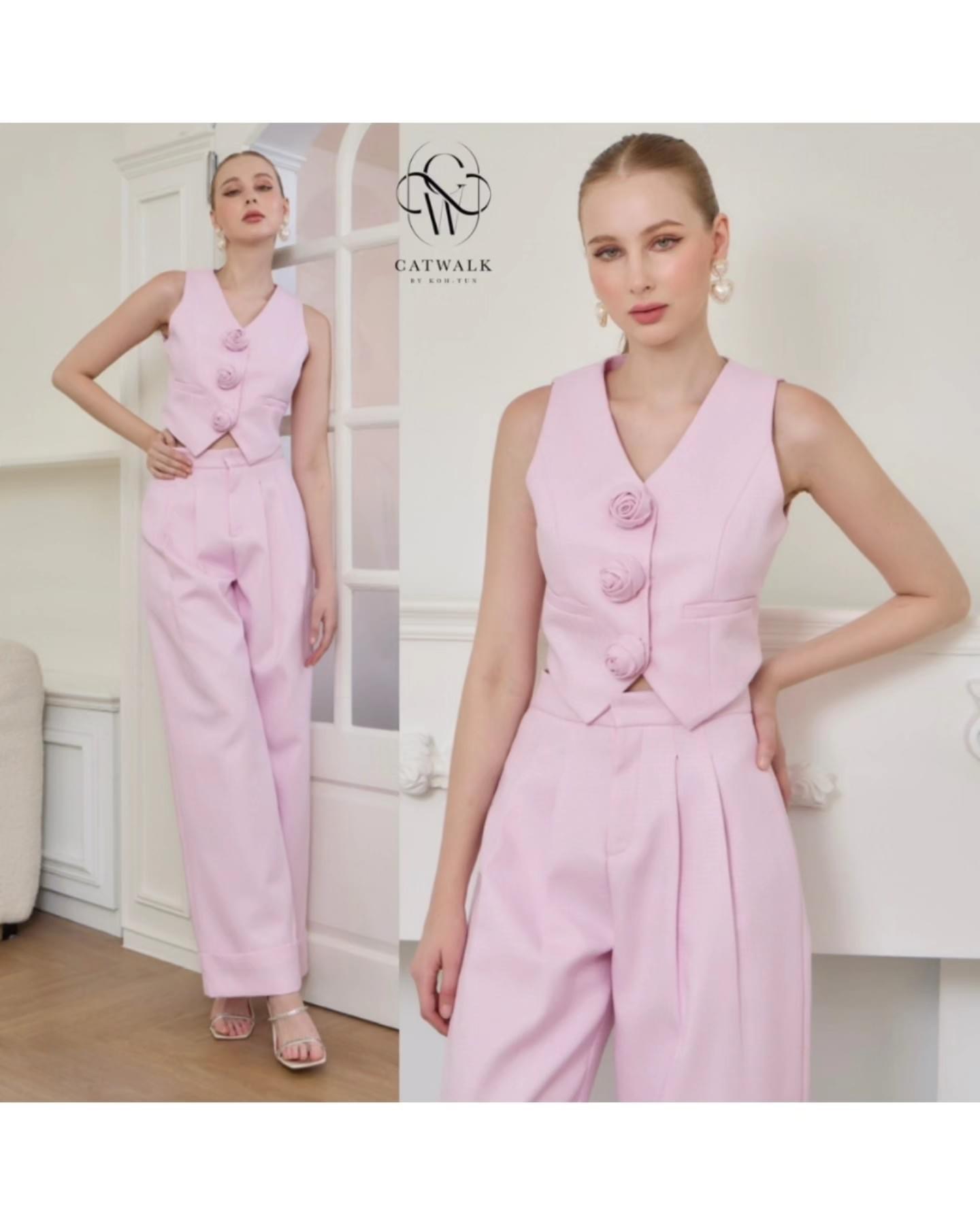 เซตเสื้อ Vestแต่งดอกไม้ +กางเกงทรงสวย เนื้อผ้าทอ ลายเกรดเอ ใส่สบาย : สินค้าคุณภาพ (พร้อมส่ง)