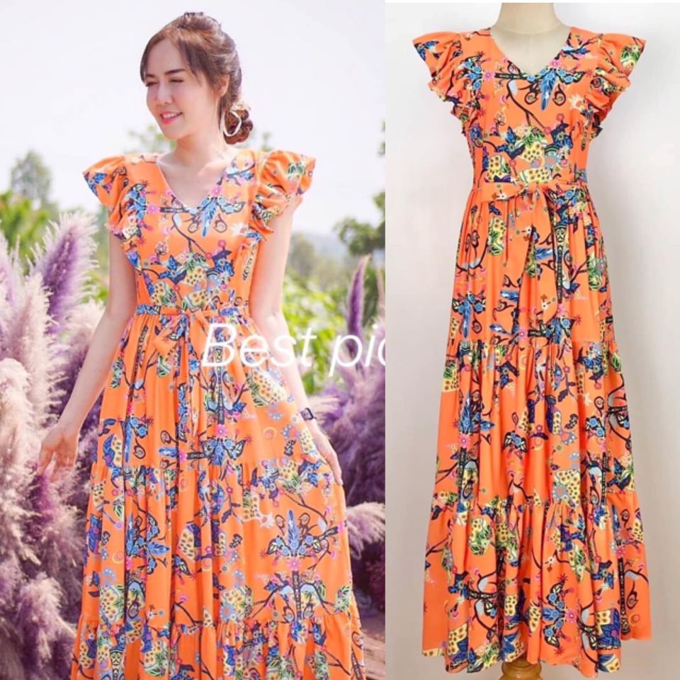 แม็กซี่เดรส แขนระบาย เนื้อผ้าพิมพ์ลายสีสันสดใส สวยงามตามแบบ กระโปรงแต่งชั้นๆพริ้วสวย ดูดี งานมีซับใน ซิปหลัง Summer นี้พลาดไม่ได้เลยนะคะ รีบจัดด่วนๆ : สินค้าคุณภาพ (พร้อมส่ง)