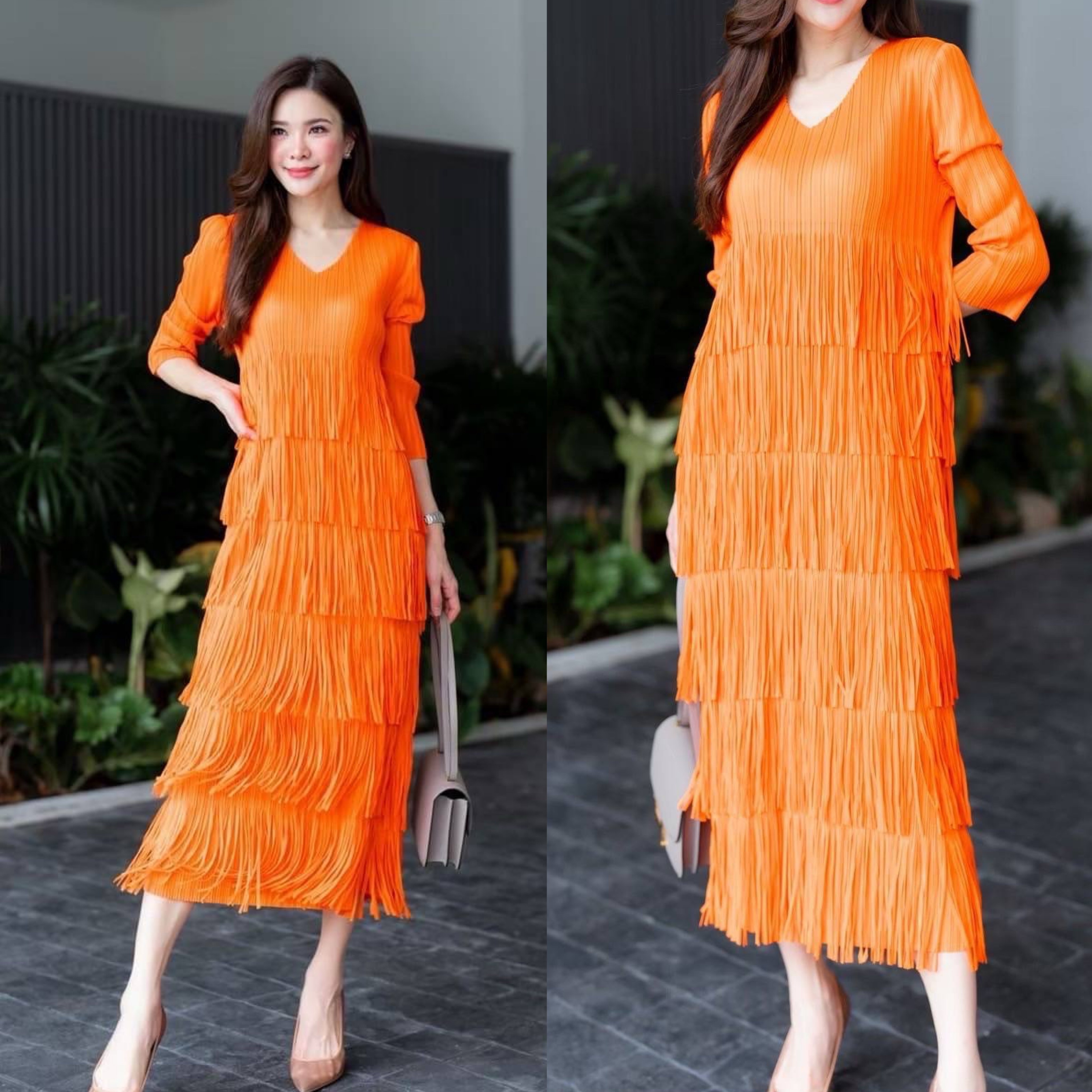 เดรสอัดพลีท คอวี แขนยาว แพตเทิร์นดีงามมว้ากเล่นระดับ ชายพู่ ถึง 6 ชั้น ได้อย่างลงตัว ฟรุ๊งฟริ๊ง ใส่สบาย : สินค้าคุณภาพ (พร้อมส่ง)