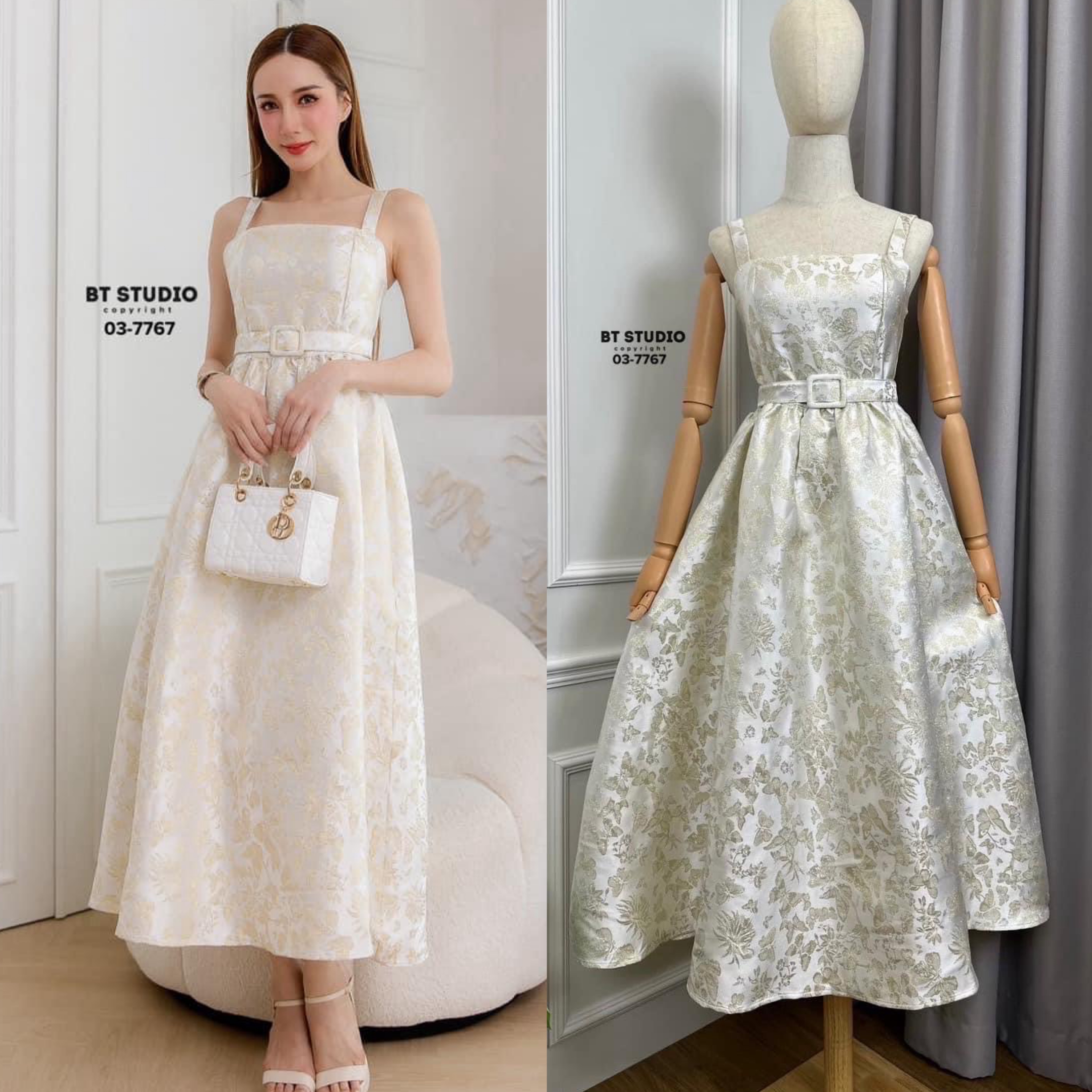 เดรสกระโปรงยาวสายเดี่ยวดีเทลผ้า ทอลายผีเสื้อสีทองทอลงบนเนื้อผ้าเรียบ งานสวย เนื้อผ้าดี คัตติ๊งสวยมีซับใน มาพร้อมเข็มขัดลาย เดียวกันงานสวยมาก ใส่สบาย : สินค้าคุณภาพ (พร้อมส่ง)