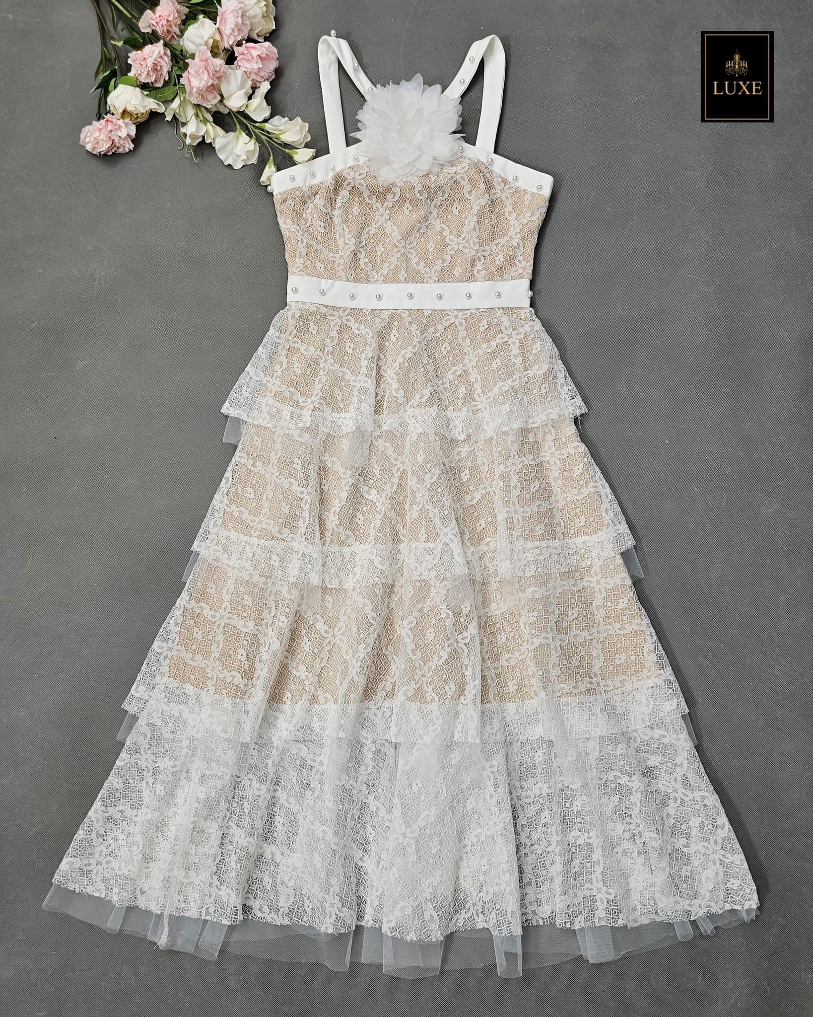 เดรสเสื้อสายเดี่ยวกระโปรงต่อชายระบาย4ชั้น สินค้าคุณภาพ (พรอมส่ง)