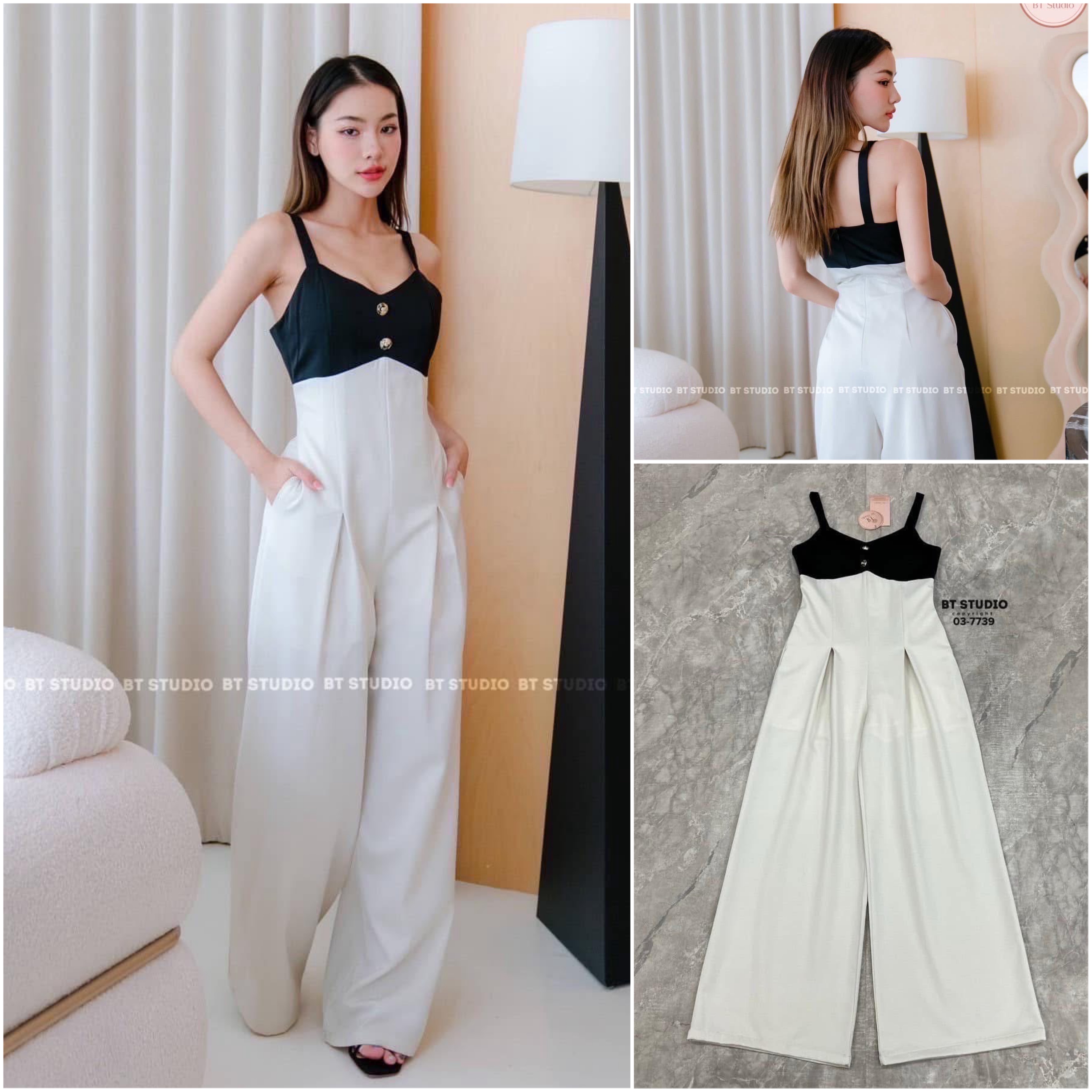 จั้มสูทสายเดี่ยวขายาว ครึ่งตัวบนสีดำแต่งกระดุมตรงกลางตัดครึ่งตัวล่างสีครีมอมเทา งานสวยเนื้อผ้าดี ใส่แล้วดูหุ่นดี เอวเอสมากค่ะ ใส่สบาย : สินค้าคุณภาพ (พร้อมส่ง)