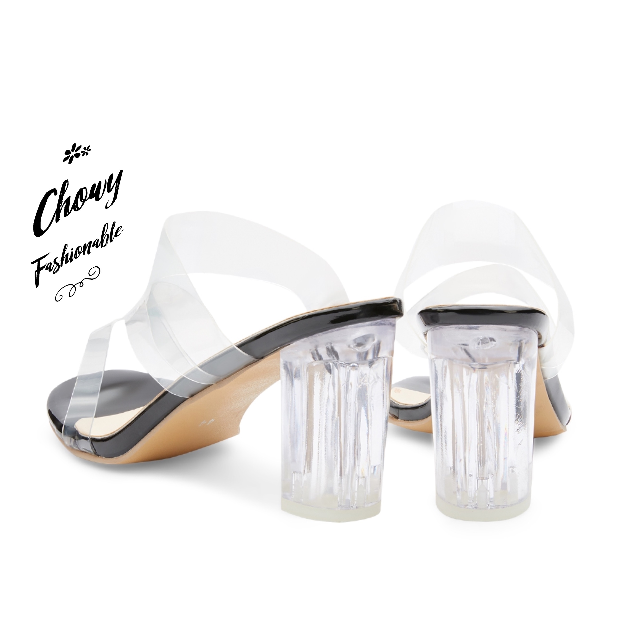 รองเท้าไซส์ใหญ่ 40 41 42 รองเท้าแตะส้นแก้วใส PUใส นิ่มมาก CHOWY KR0962BL