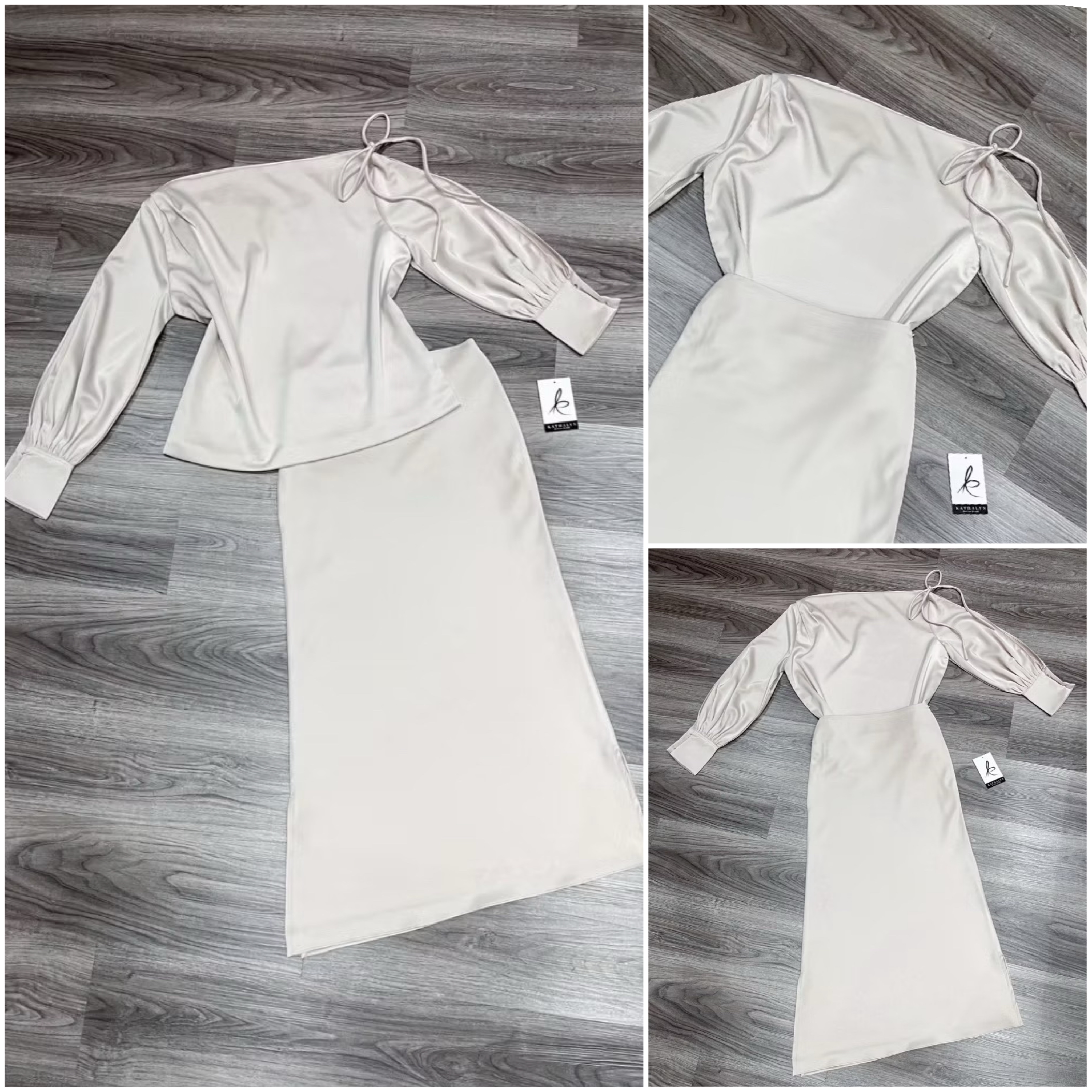 Set เสื้อแขนยาวดีไซน์ปาดไหล่ตกหนึ่งข้างแต่งผูกโบว์เก๋ๆ แขนผ่าตรงกลางทั้งสองข้าง ทรงoversize ใส่แบบปล่อยๆ +กระโปรงยาวปลายกระโปรงแต่งทรงเฉียง ใส่สบาย : สินค้าคุณภาพ (พร้อมส่ง)