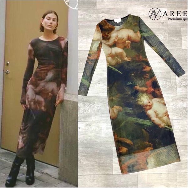 Zara black foral net dress เดรสแขนยาวตัวยาวเนื้อผ้าตะข่าย แบบถี่ยืดหยุ่นได้ดี สกีนลายทั้งตัว สวมใส่ง่าย ซับในทั้งตัว สินค้าคุณภาพ (พร้อมส่ง)