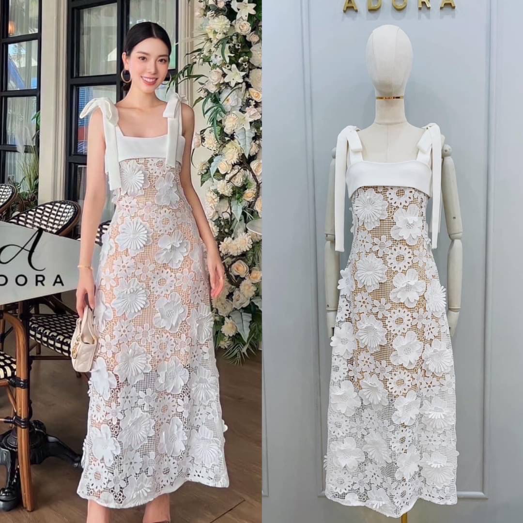 เดรสสายเดี่ยวลูกไม้ เนื้อผ้าลูกไม้ทอลายสามมิติงานมีฟองน้ำในตัว ใส่สบาย : สินค้าคุณภาพ (พร้อมส่ง)