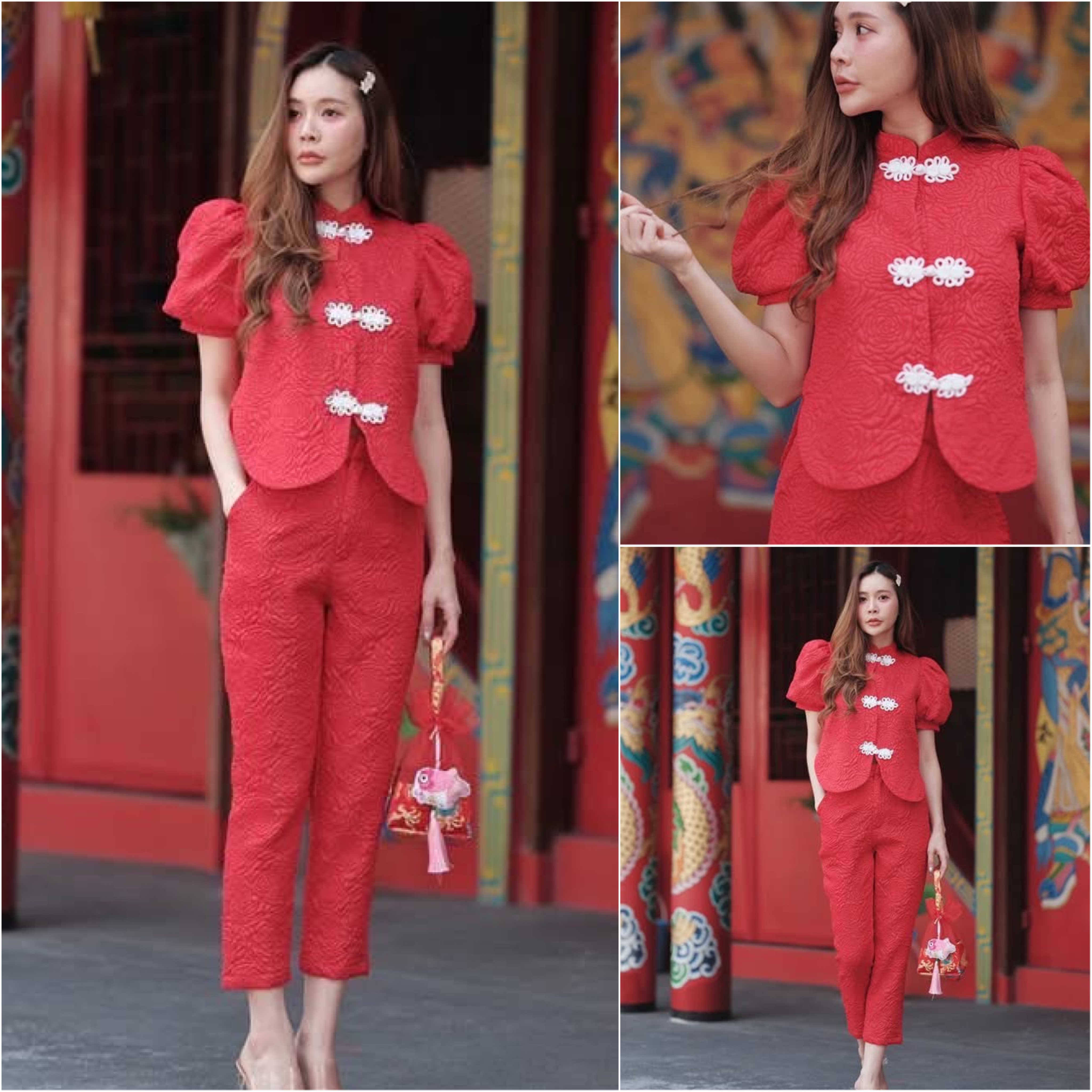 ชุดset เสื้อคอจีนผ้าปั้มลายดอกกุหลาบ แขนตุ๊กตาคืองานสวยมากๆคัทติ้งเป๊ะ ใส่สบาย : สินค้าคุณภาพ (พร้อมส่ง)