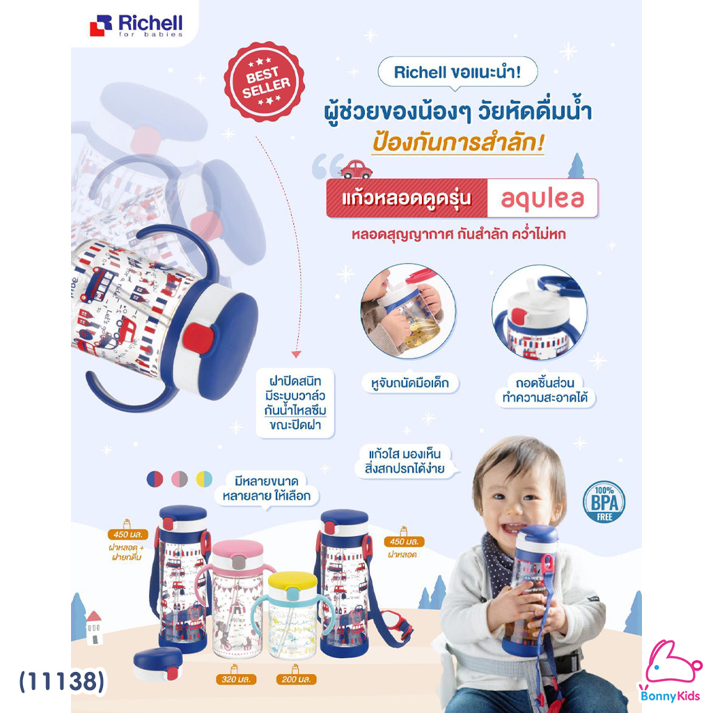 (11138) Richell (ริเชล) แก้วหลอดดูดกันสำลัก คว่ำไม่หก รุ่น AQULEA สำหรับเด็ก 7m+ (ขนาด 200 มล.)