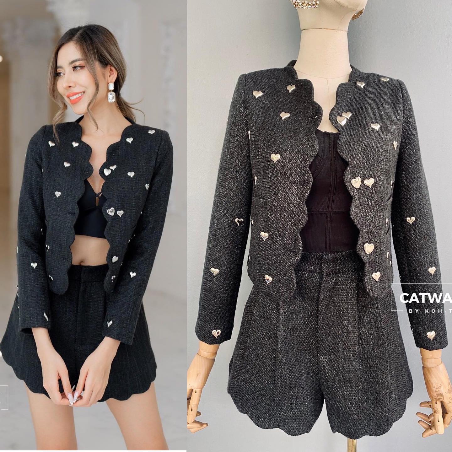 เซตเสื้อคลุมผ้าทวีตชาแนลแต่งหมุดรูปหัวใจ +กางเกงขาสั้นทรงสวย เนื้อผ้าทวีตเกรดเอ ตัวเสื้อ เป็นทรงกึ่งเข้ารูป ขอบเสื้อตัดเย็บเป็นทรงโค้งหยัก ทั้งตัวน่ารักมาก : สินค้าคุณภาพ (พร้อมส่ง)