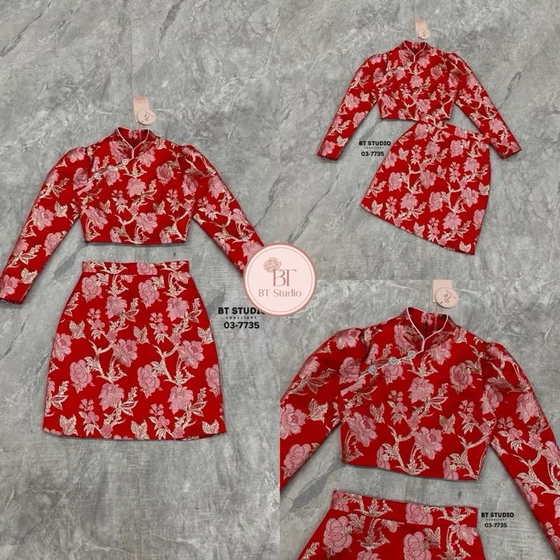 เซท 2 ชิ้น เสื้อครอปสั้นแขนยาวคอจีน แต่งกระดุมเพชร แมทซ์กับกระโปรงสั้น งานผ้าทอ ลายดอกกุหลายปักสวยงามมาก ใส่สบาย : สินค้าคุณภาพ (พร้อมส่ง)