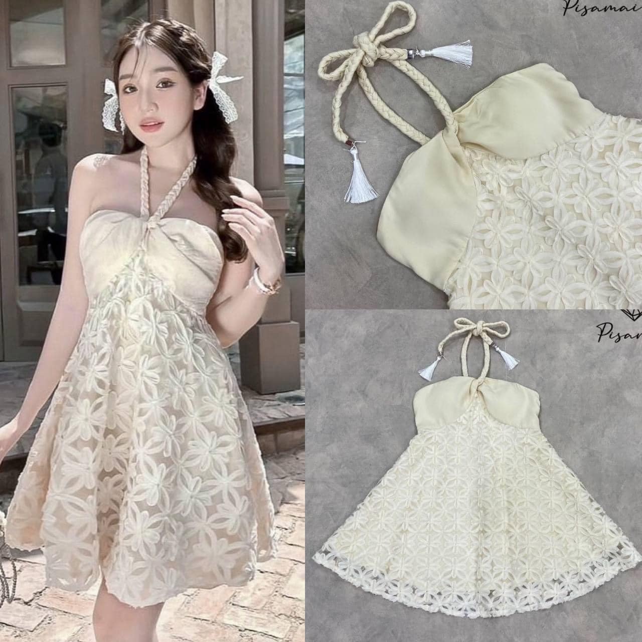 เดรสคล้องคอตัวสั้นสีครีมงาน ลูกไม้ฉลุสายเชือกปลายแต่งพู่ ใส่สบาย สินค้าคุณภาพ (พร้อมส่ง)