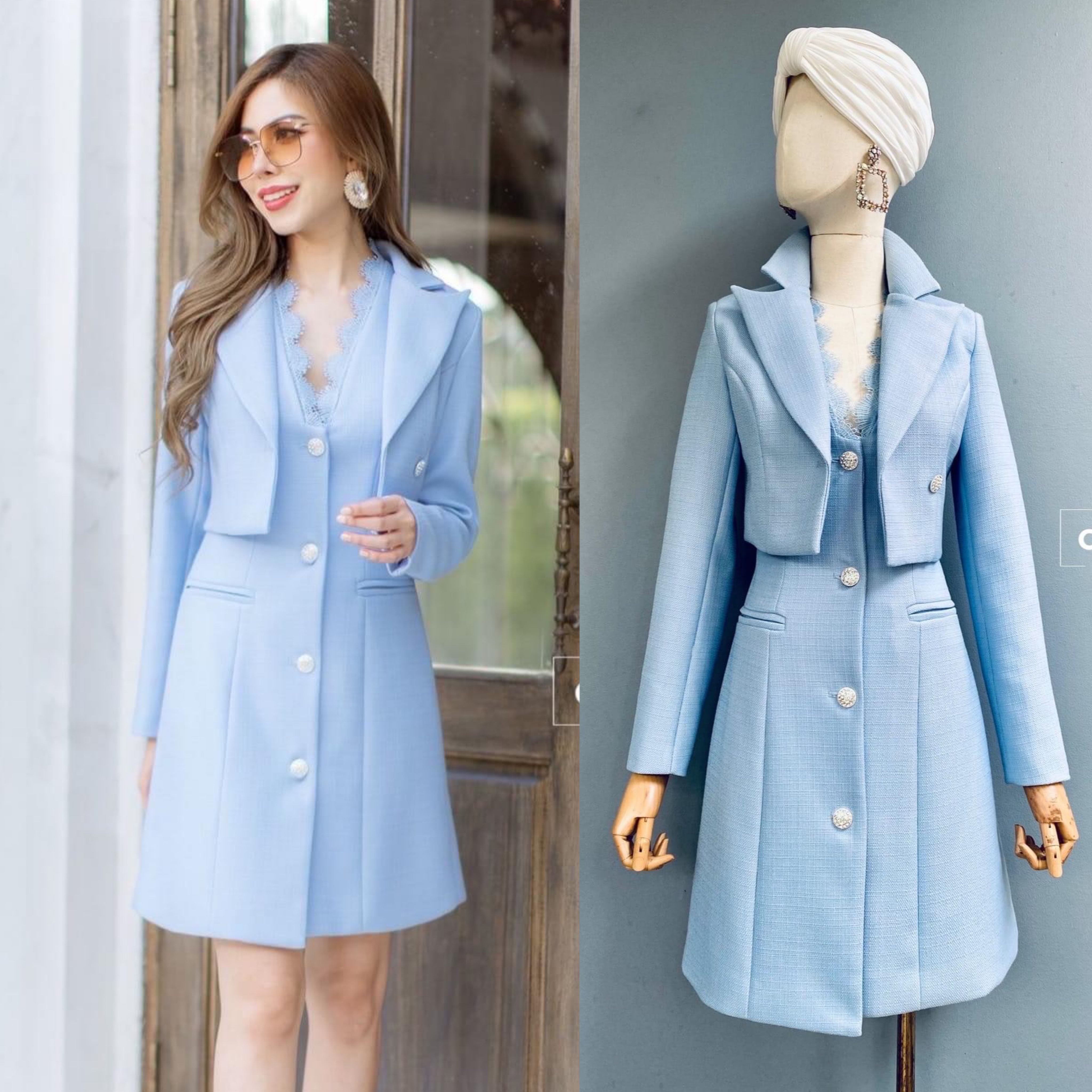 เซตเสื้อแจ็คเก็ต+เดรสคอวีแต่งลูกไม้ เนื้อผ้าทอเกรดเอ สินค้าคุณภาพ (พร้อมส่ง)