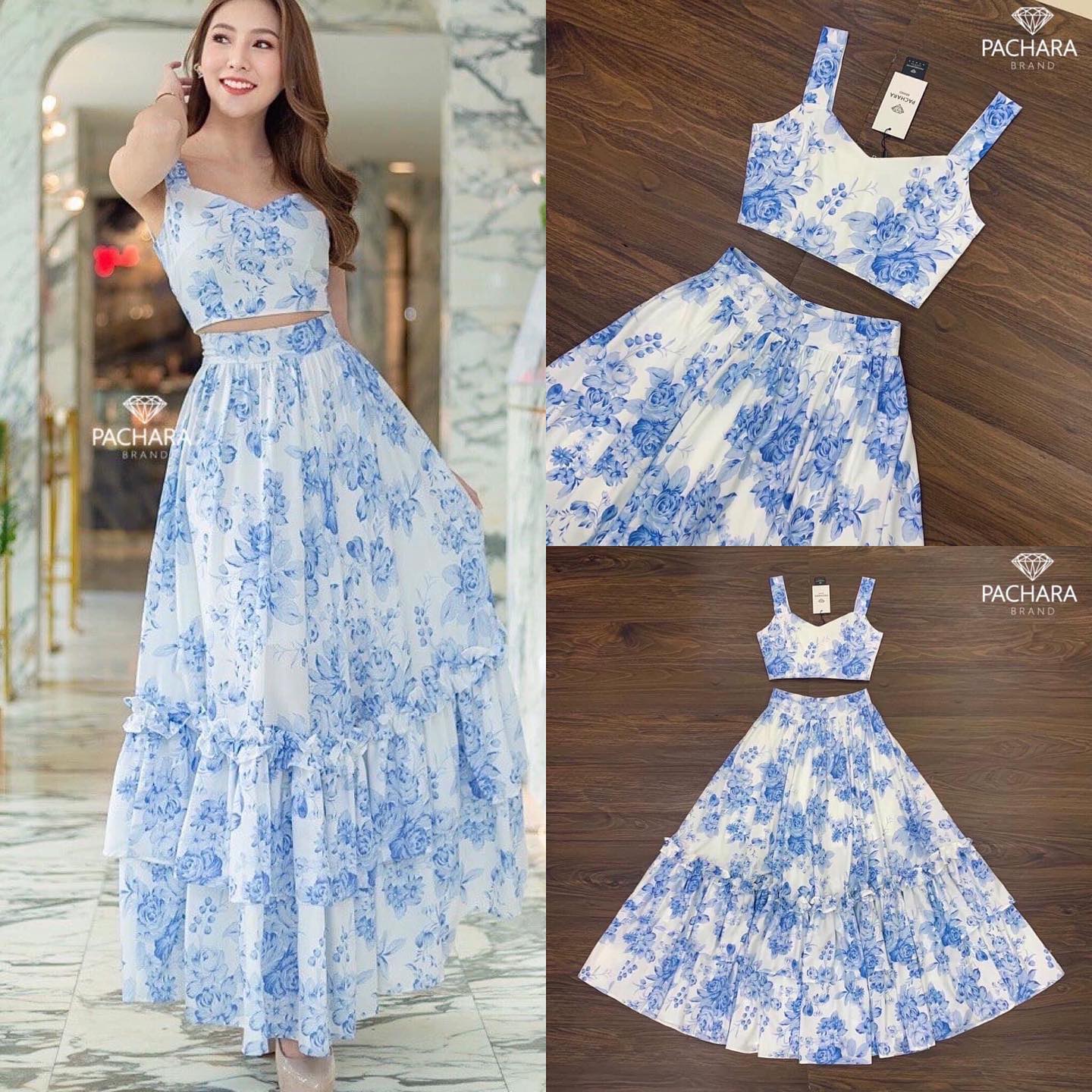 เซ็ต 2 ชิ้น เสื้อครอปสายเดี่ยวคอวี พิมพ์ลายดอก กุหลาบโทนสีฟ้าทั้งชุด แมทช์คู่กับกระโปรงเอวสูง ชายกระโปรงแต่งระบาย สินค้าคุณภาพ (พร้อมส่ง)