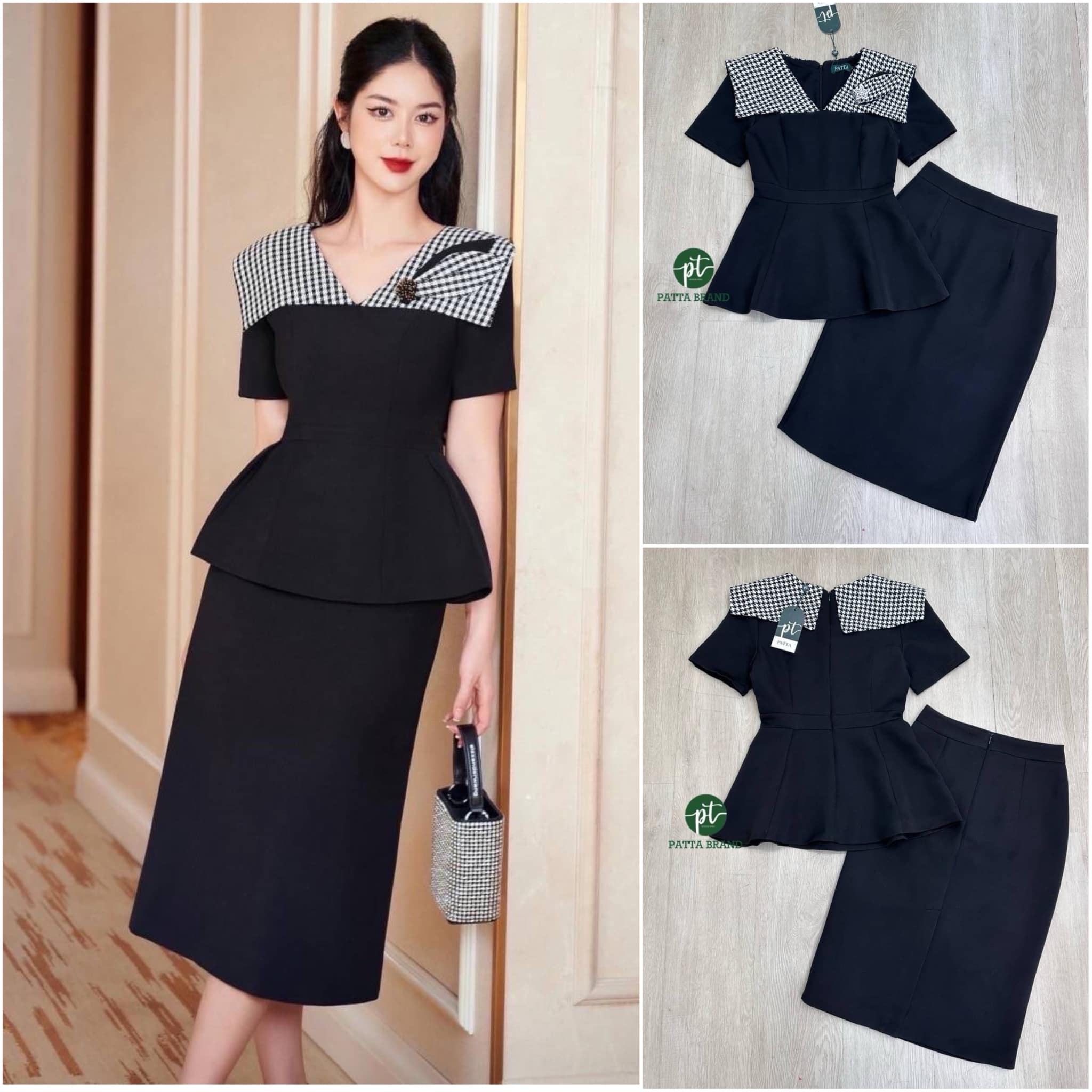 ชุดset2ชิ้นสีดำ เสื้อแขนสั้นดีไซน์เย็บ ปกไหล่ผ้าทอลายตารางและเย็บแต่งอะไหล่เพชร ทรงเข้ารูปสวยชายเสื้อแต่งชาย บานระบาย พร้อม กระโปรงทรงสอบ ทรงสวยเข้ารูป งานซิปหลัง ใส่สบาย สินค้าคุณภาพ (พร้อมส่ง)