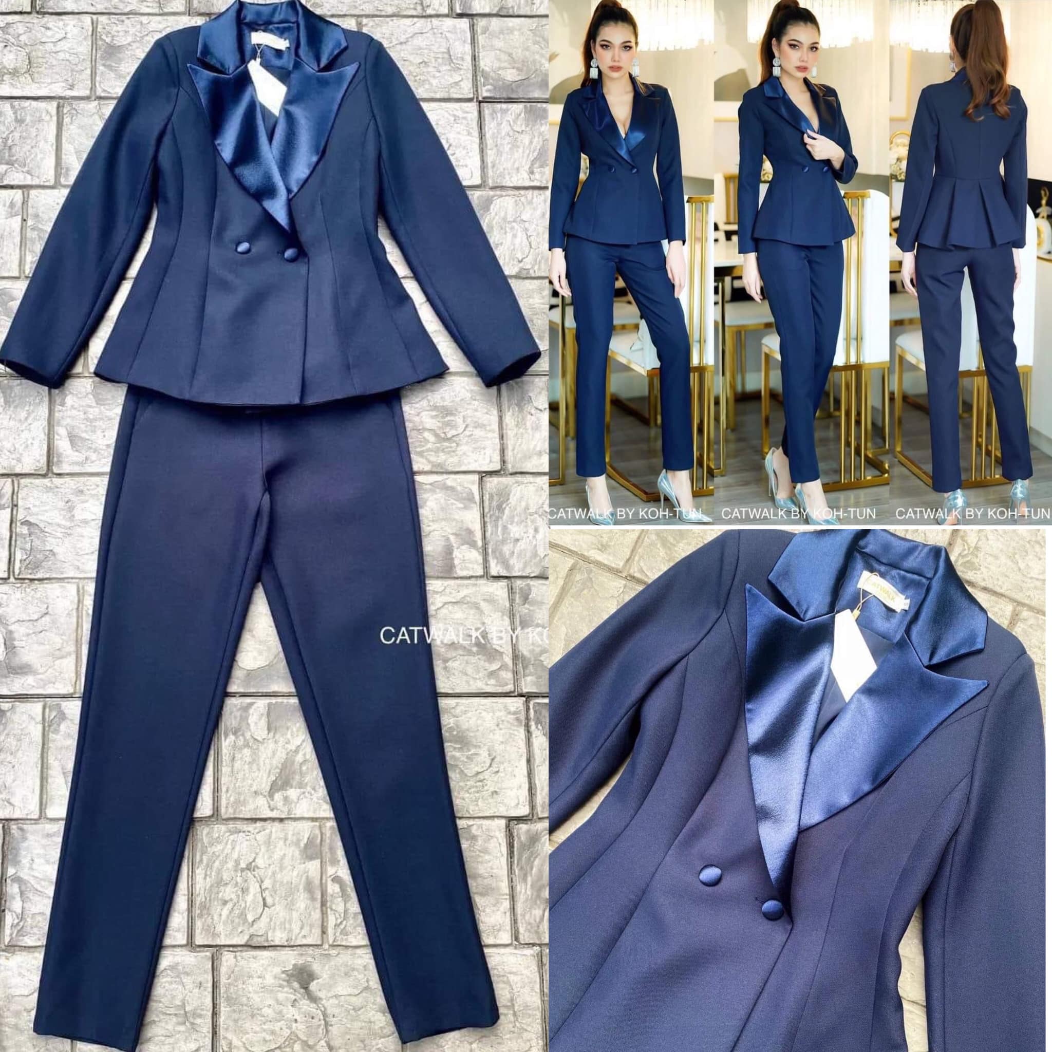 เซตสูทแต่งปกเลื่อมจับจีบหลัง+กางเกง รงสวย ทรงสวย ตัวสูททรงเข้ารูป ด้านหลังจับจีบทวีตด้านหน้า แต่งกระดุมปั้มผ้าเงา2เม็ด มาคู่กับกางเกง เอวสูงทรงขากระบอกเล็ก : สินค้าคุณภาพ (พร้อมส่ง)