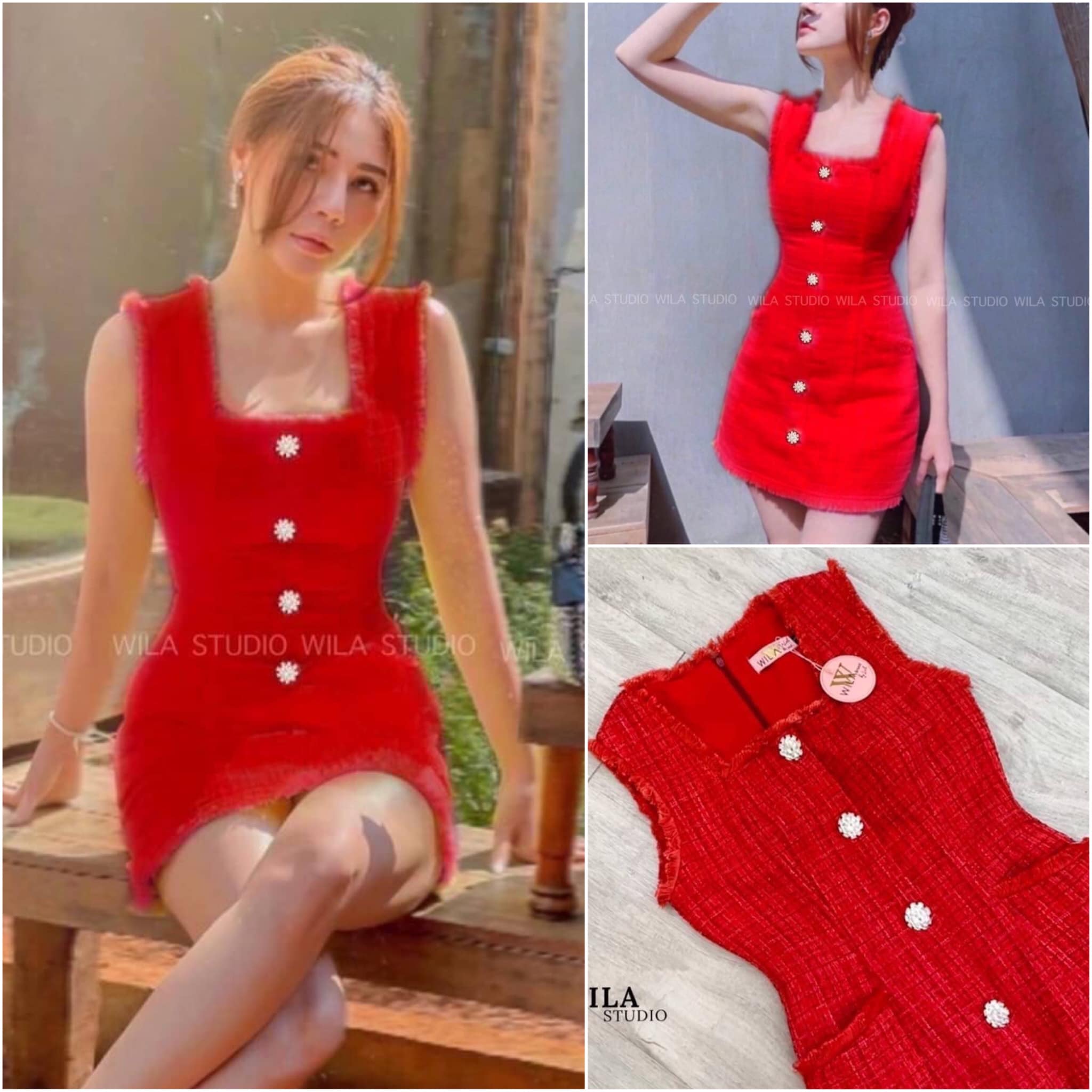 Minidress งานผ้าทวิตทรงแขนกุด แต่งเสริมกระดุมเพชรด้านหน้า สวยๆ ตัว เดรสโทนสีแดง ขับผิวดีมากแม๊!!! สินค้าคุณภาพ (พร้อมส่ง)