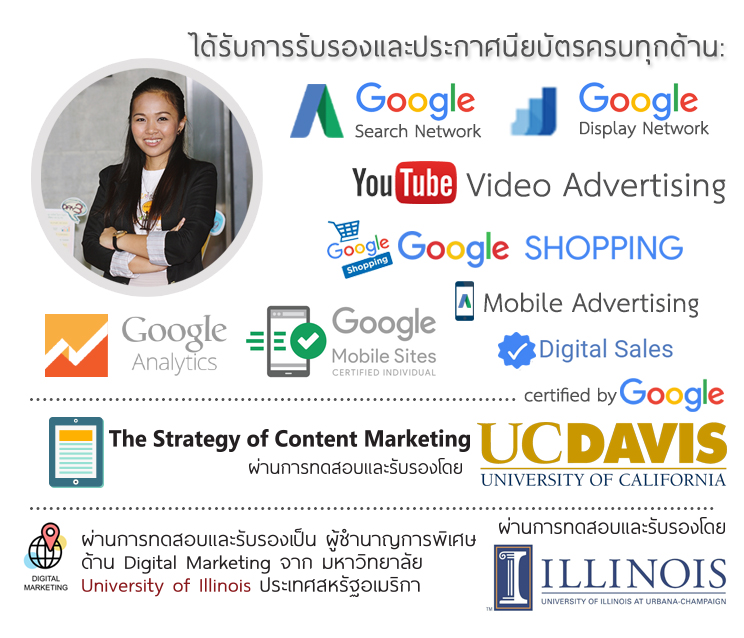 อาจารย์ใบตองได้รับการรับรองเป็นผู้เชียวชาญด้านการตลาดออนไลน์และDigital Markeitng