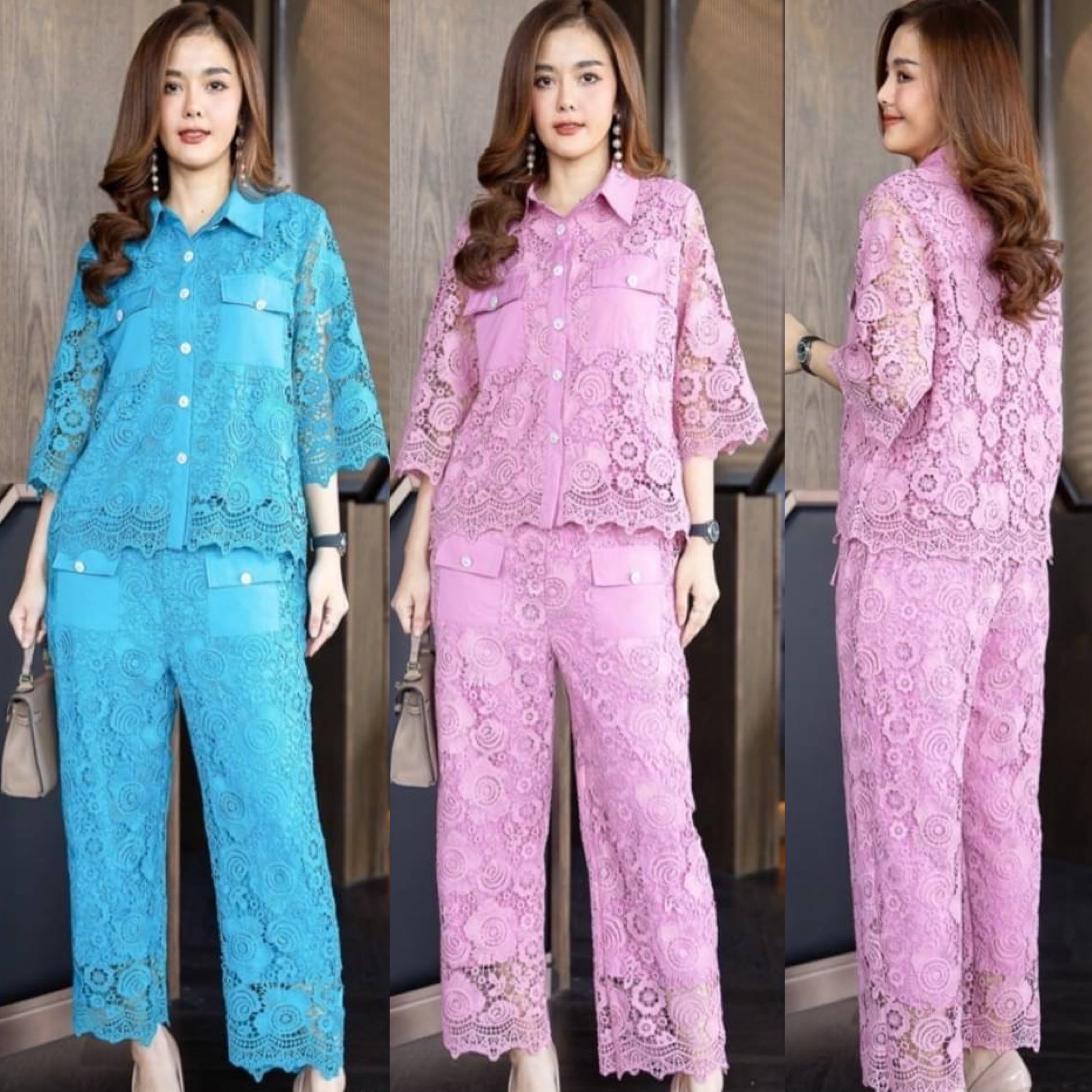 ชุดเซ็ทลูกไม้ลายเชิง ทั้งชุด แต่งกระเป๋าทั้งเสื้อและ กางเกง ประดับด้วยกระดุมมุก มีซับในทั้งชุด ใส่สบาย สินค้าคุณภาพ (พร้อมส่ง)