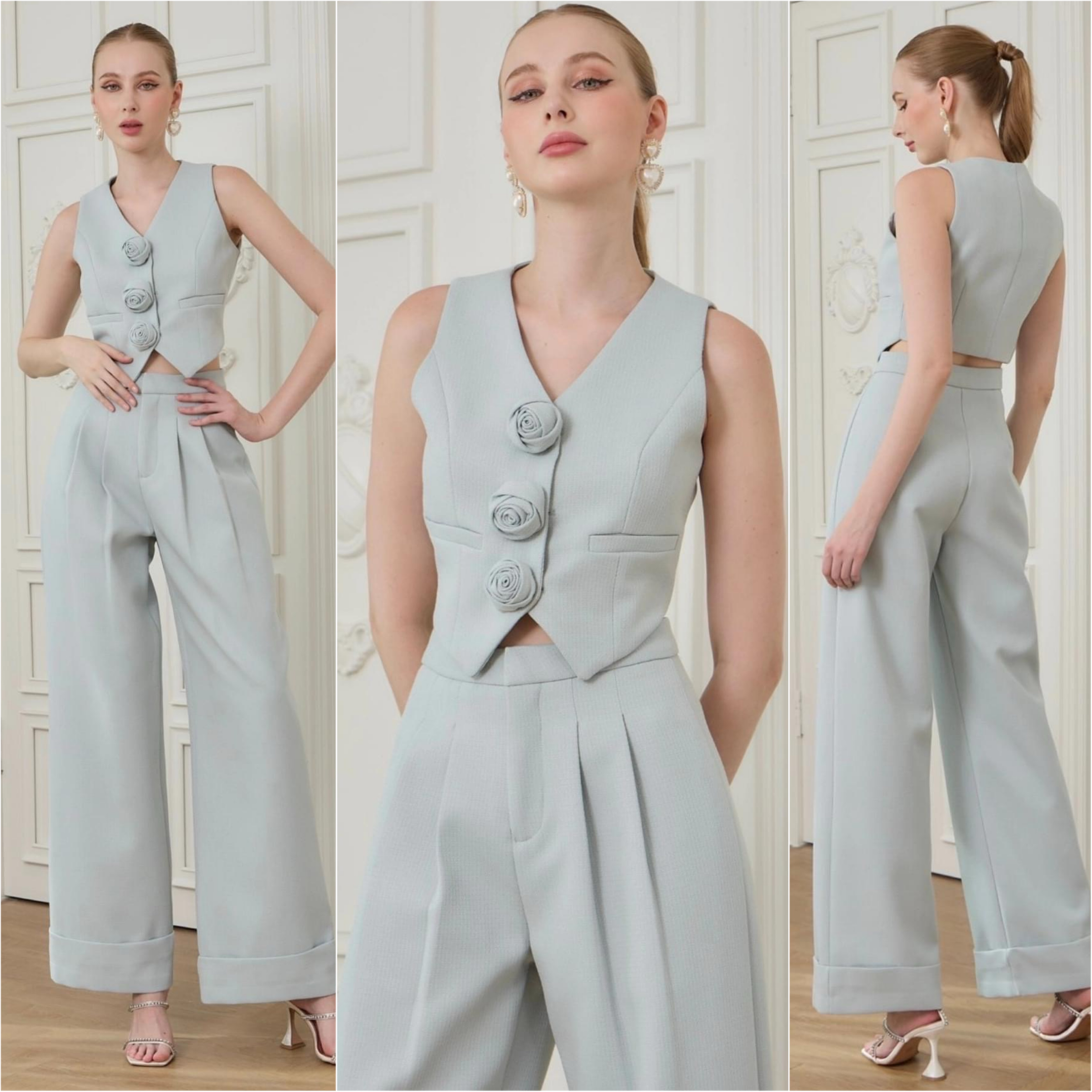 เซตเสื้อ Vestแต่งดอกไม้ +กางเกงทรงสวย เนื้อผ้าทอ ลายเกรดเอ ใส่สบาย : สินค้าคุณภาพ (พร้อมส่ง)