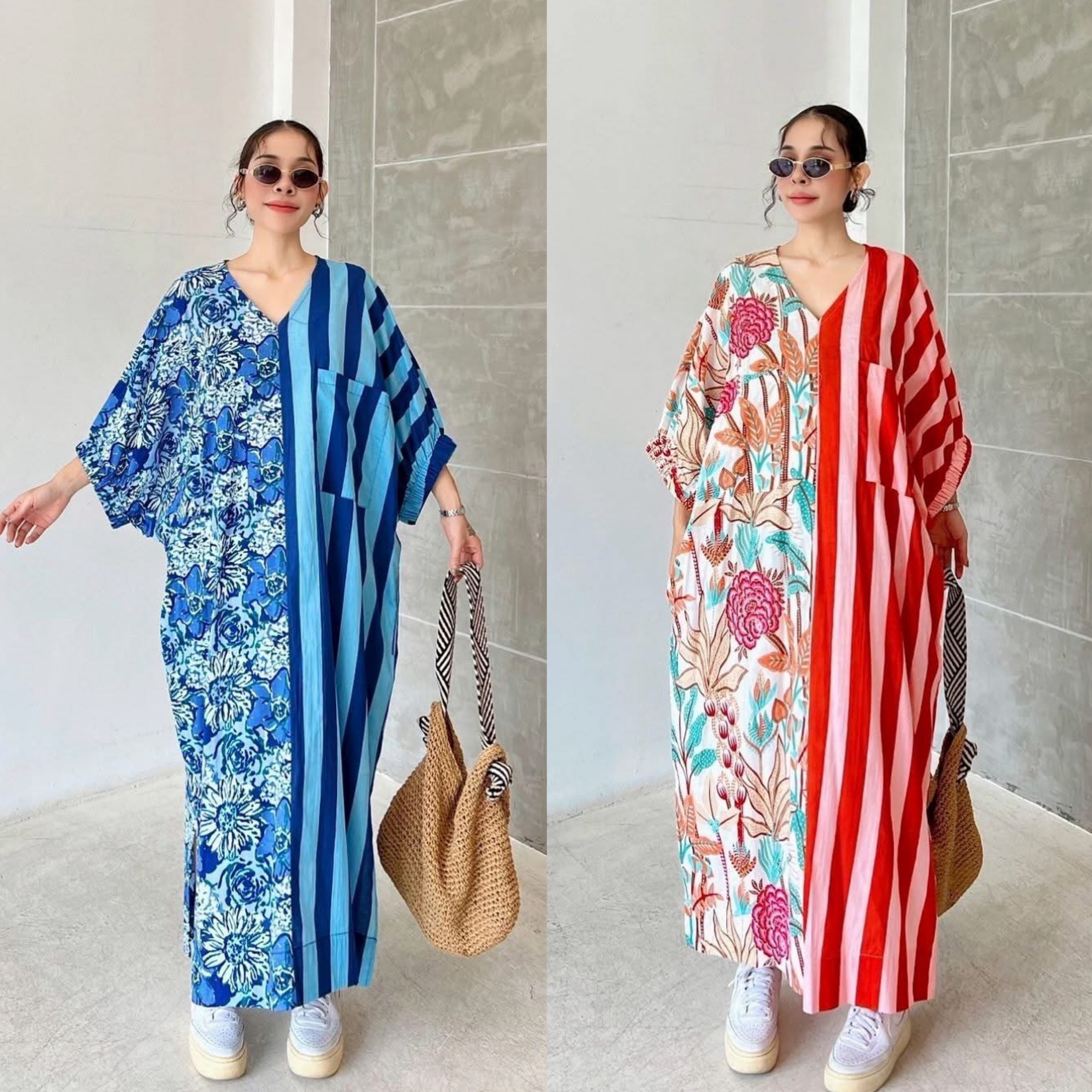 เดรสผ้าบล็อคคอทตอลอินเดีย ดีไซน์คอวีหน้า ทรงปีกค้างคาว แขนในตัวสม็อคปลายแขน ช่วงชายผ่าข้าง มีกระเป๋าล้วง+กระเป๋าอก ใส่สบาย : สินค้าคุณภาพ (พร้อมส่ง)