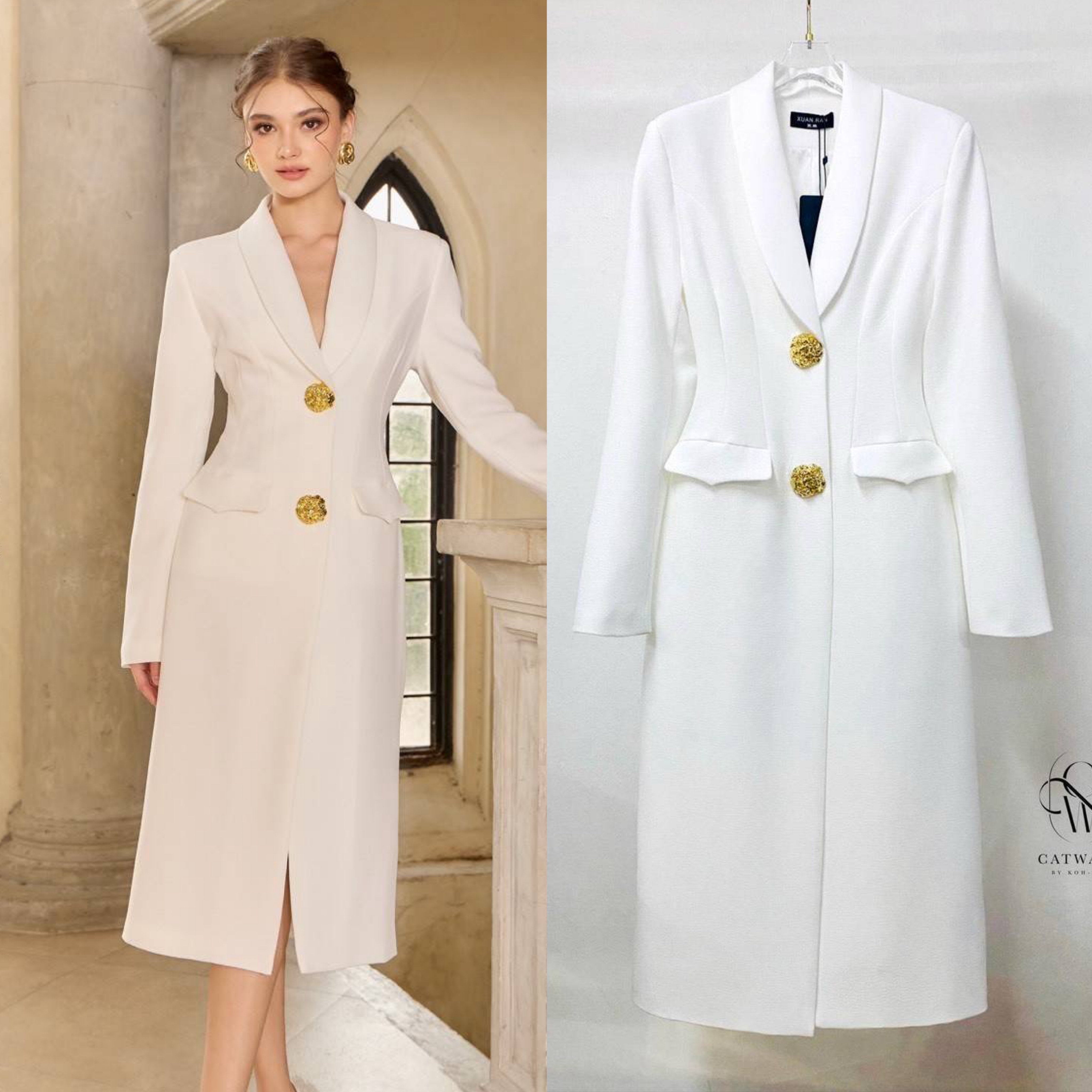 เดรสสูทยาวกระดุมทอง เนื้อผ้าเกรดเอ ผ้าสวยมาก ตัวชุดเป็นตัวยาว ทรงเข้ารูป ใส่สบาย : สินค้าคุณภาพ (พร้อมส่ง)