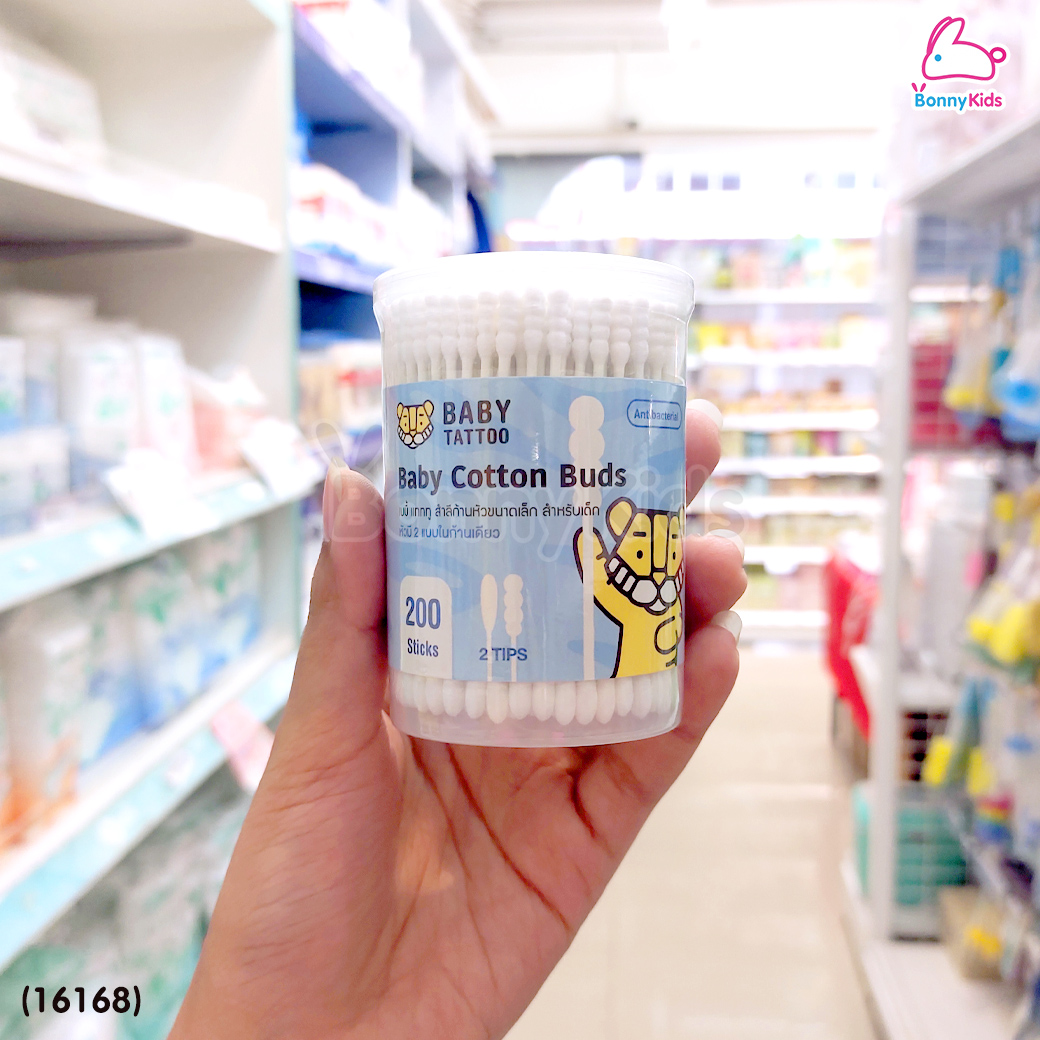 (16168) BABY TATTOO (เบบี้แทททู) คอตตอนบัต 2in1 สำลีก้านกระดาษหัวเล็ก (1 กล่อง 200 ชิ้น)
