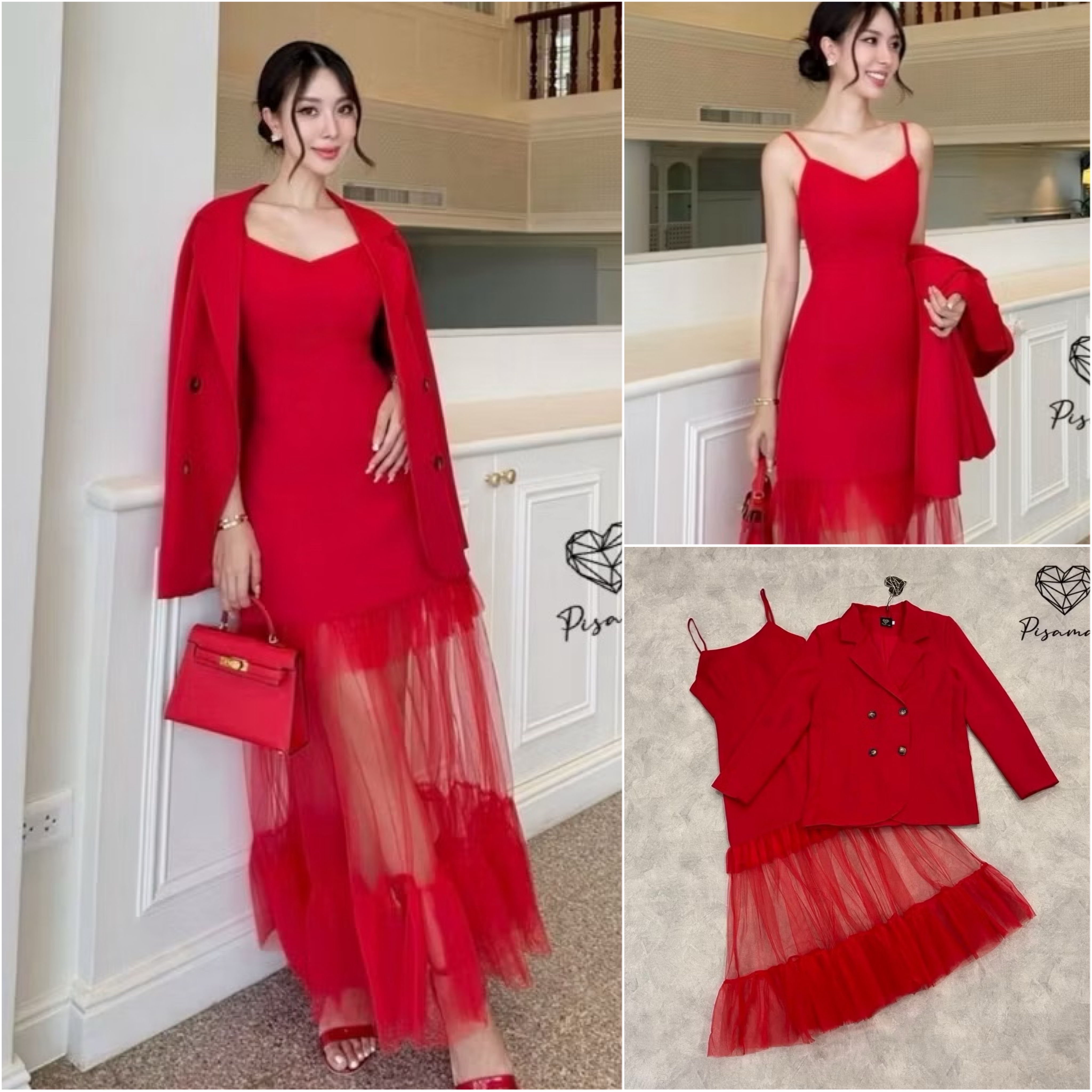 เซ็ตสายเดี่ยวสีแดง แต่งระบายซีทรูยาวอลังด้านล่าง มาคู่กับเบเซอร์oversize คัทติ้งเป๊ะ ใส่สบาย : สินค้าคุณภาพ (พร้อมส่ง)