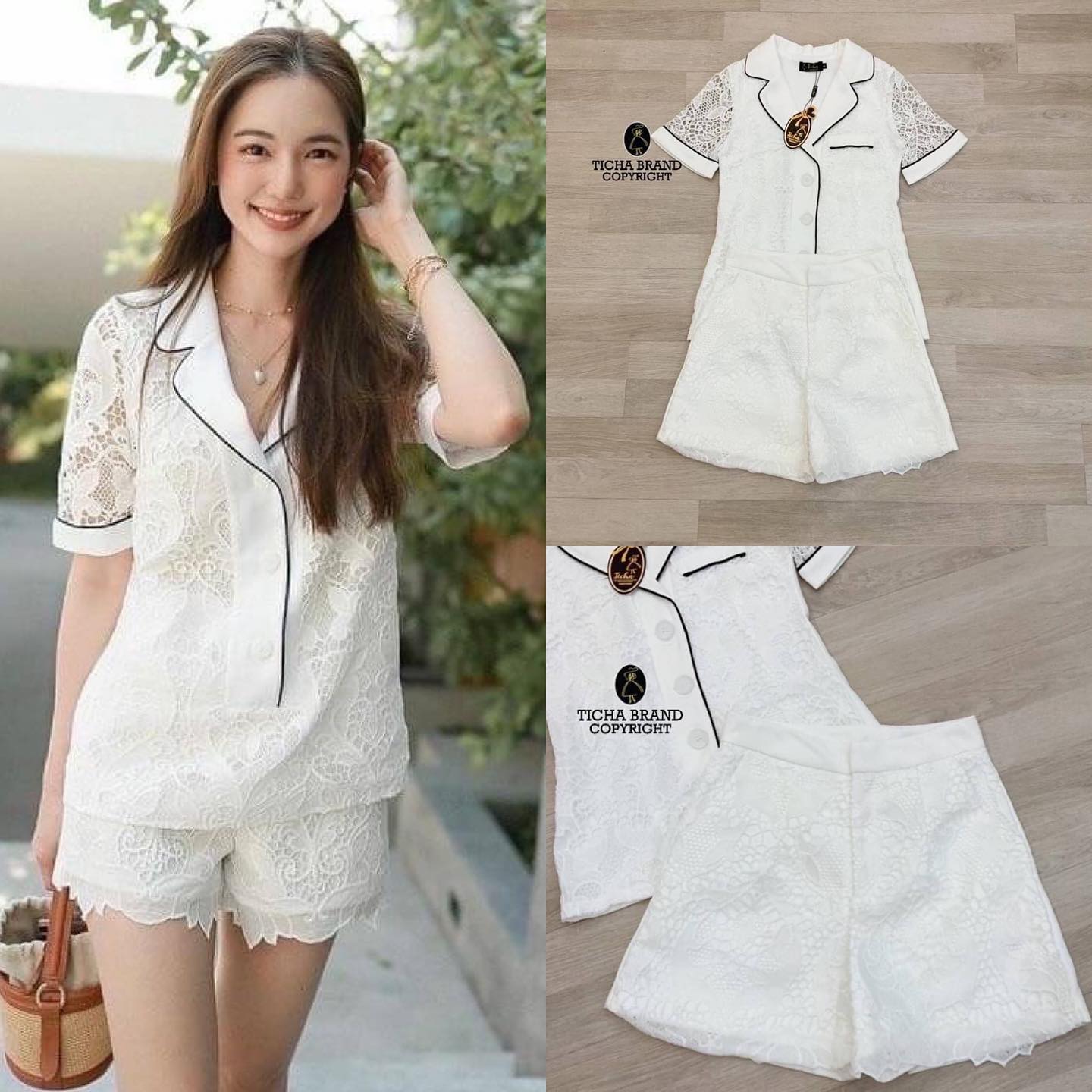 รุ่นนี้มีไซส์ใหญ๋ ถึง 4XL / Set 2 ชิ้น เสื้อคอปกแขนสั้นเนื้อผ้าลูกไม้ แน่นซับในสีขาวทั้งตัว มาพร้อมกับกางเกงขาสั้น สินค้าคุณภาพ (พร้อมส่ง)