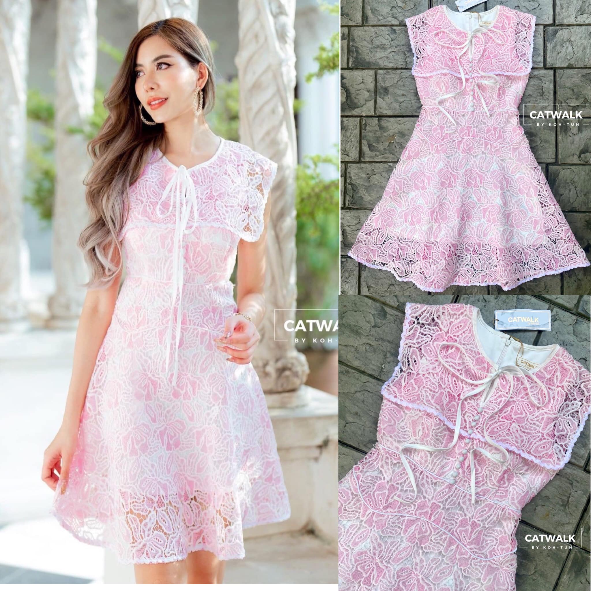 เดรสลูกไม้ ผ้าลูกไม้เนื้อนิ่มใส่สบาย ลายทอสวย ตัวชุด ช่วงบนเป็นทรงเข้ารูป กระโปรงเป็นทรงเอ หน้าอกแต่งกระดุมปั้มเรียงเม็ด มีสายโบว์ ที่คอชุดน่ารักมาก สินค้าคุณภาพ (พร้อมส่ง)