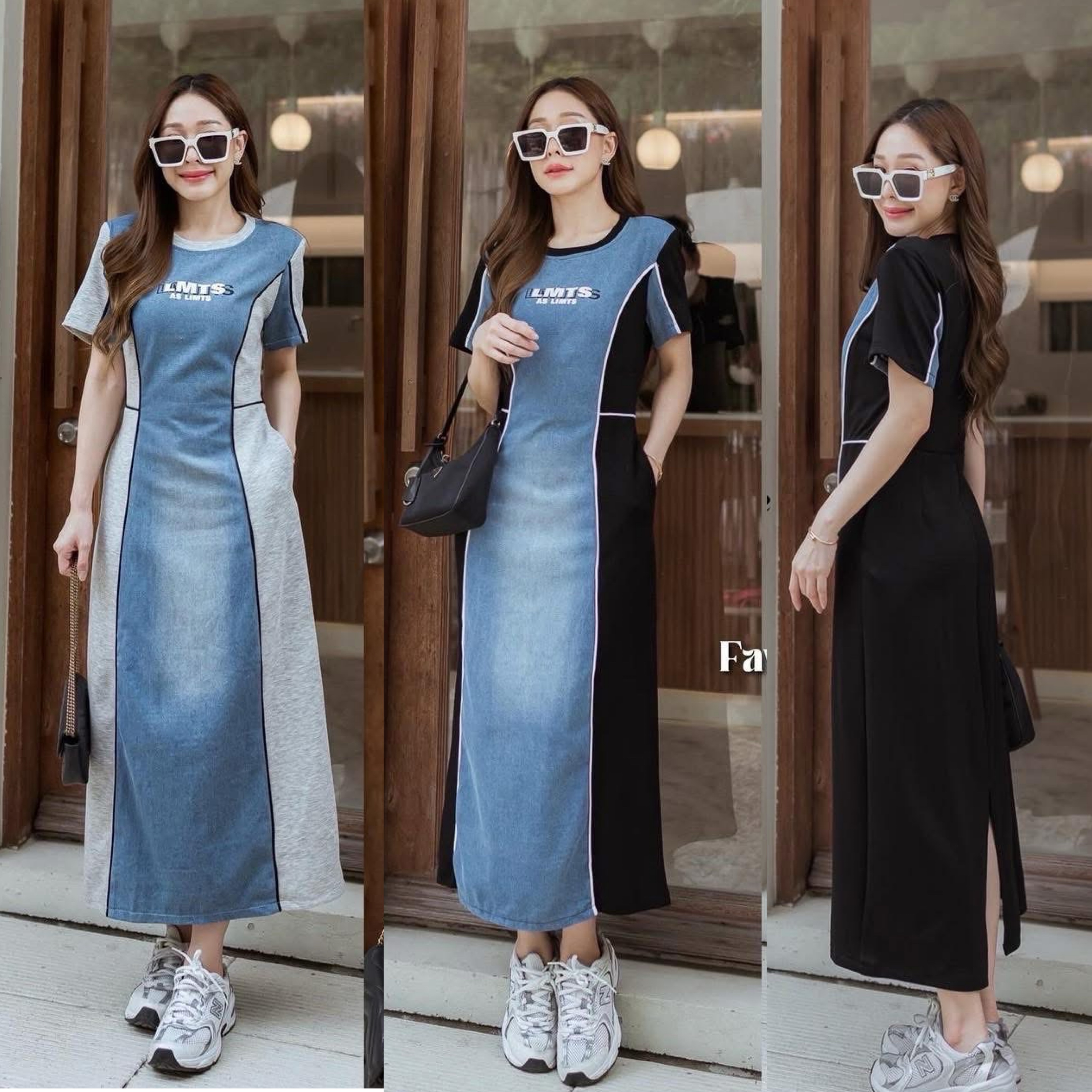 เดรสผ้ายืดแต่งยีนส์ ใส่สบาย : สินค้าคุณภาพ (พร้อมส่ง)