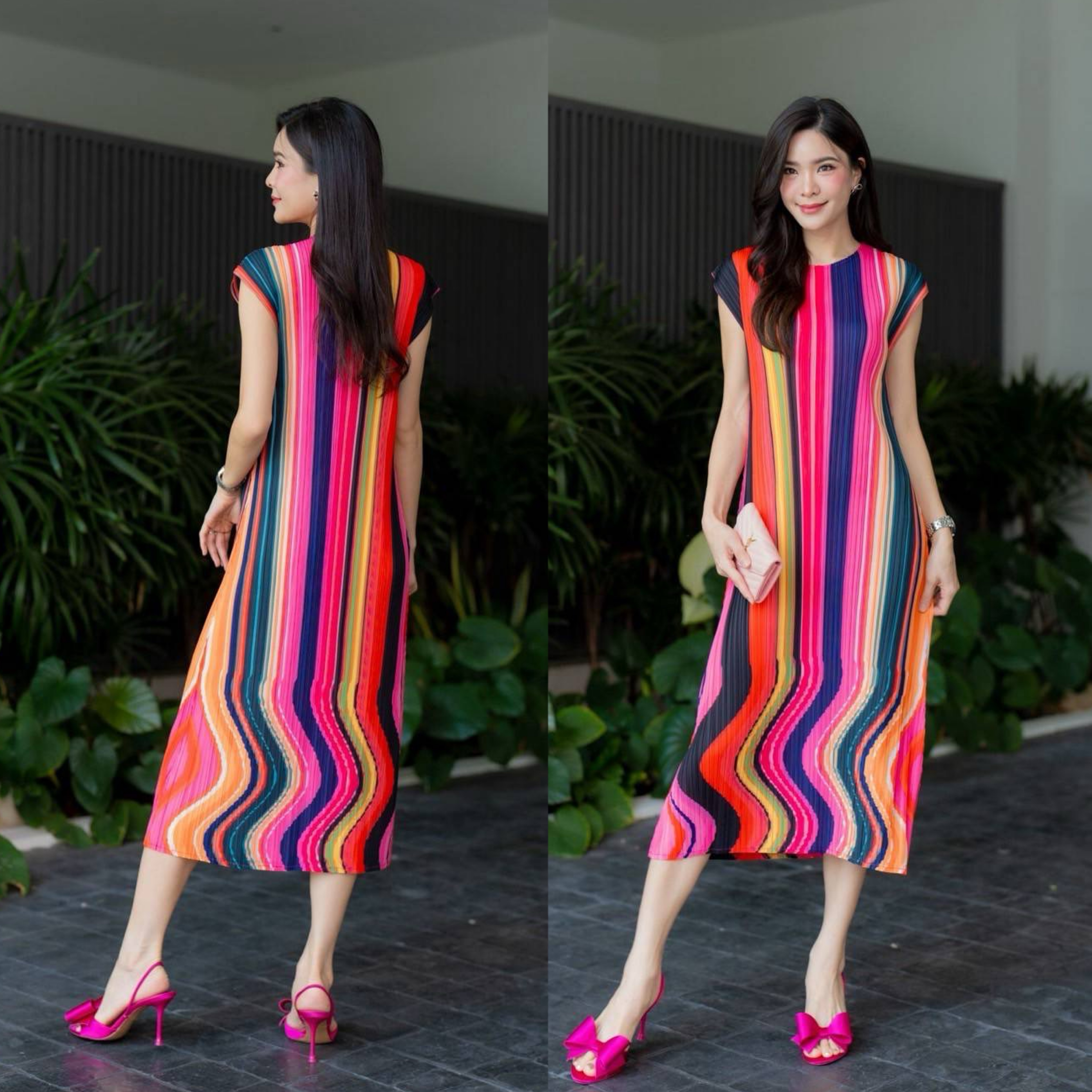 เดรสพลีทคอกลม ทรงไหล่ล้ำ แพทเทิร์นดีมว้ากกก 🌀🌀 พิมพ์ลายทางลง ให้ดูสูงเพรียว ทรงสวยเกร๋ ใส่สบาย : สินค้าคุณภาพ (พร้อมส่ง)