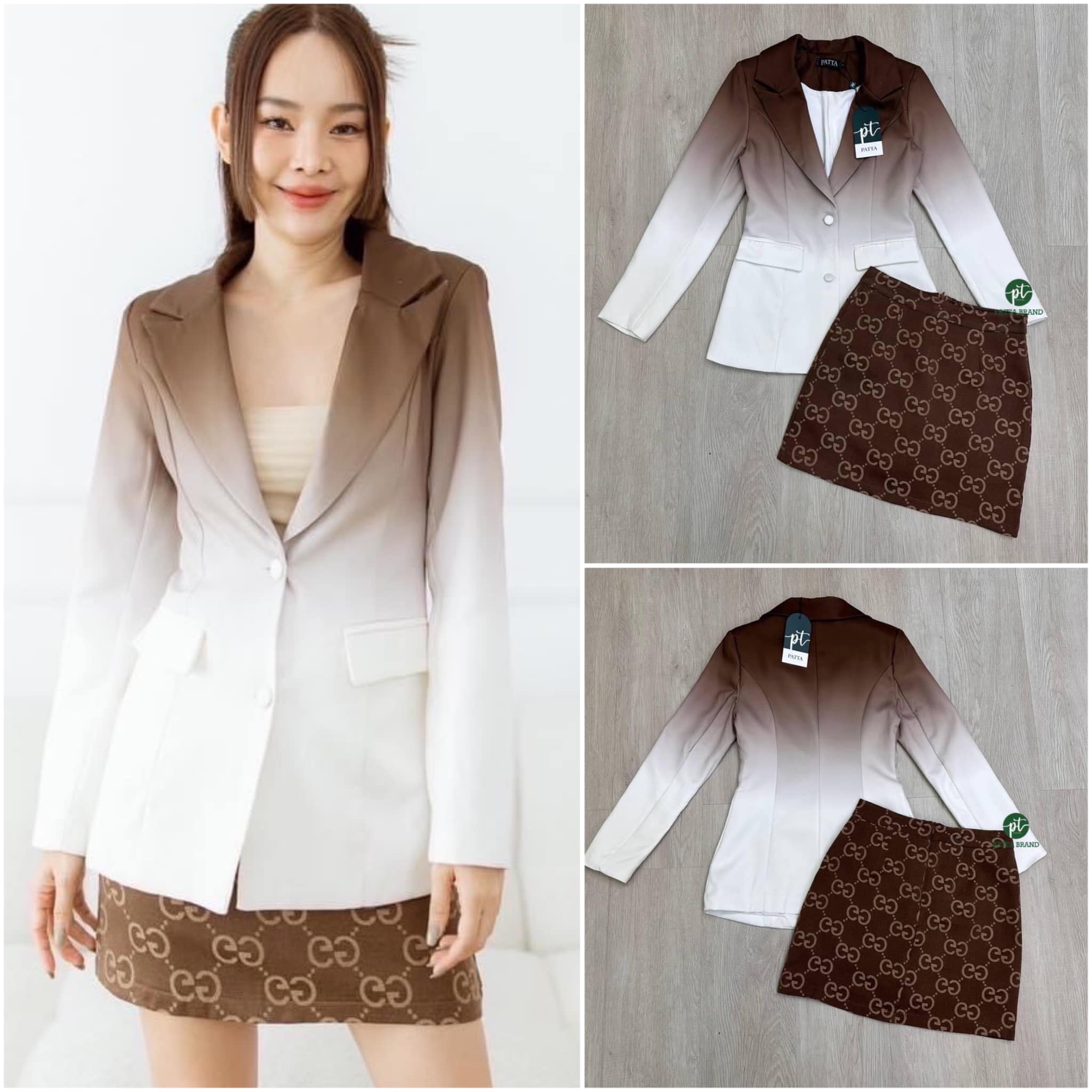 Setสูท 2 ชิ้น เสื้อคลุมสูทไล่สีพราสเทล มีกระดุมหน้าและกระเป๋า2ข้าง ใช้งานได้จริง มาคู่กับกระโปรงผ้าทอลายGG สินค้าคุณภาพ (พร้อมส่ง)
