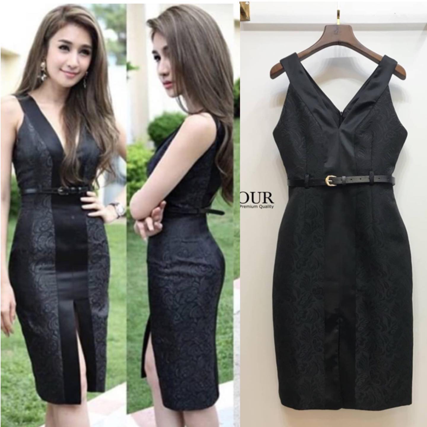 เดรสดำ แต่งด้วยผ้า 2 แบบ ด้านในแต่งด้วยผ้าเงาพร้อมอัดกาว ช่วงอกปรับให้แหวก น้อยลง เพื่อให้ใส่ได้ง่ายขึ้น เพิ่มความเซ็กซี่นิดๆด้วยการ ผ่าด้านหน้าของปลายกระโปรง มีซับในทั้งตัว เข็มขัดรัดช่วงเอวให้ใส่ชุดแล้วดูสวย