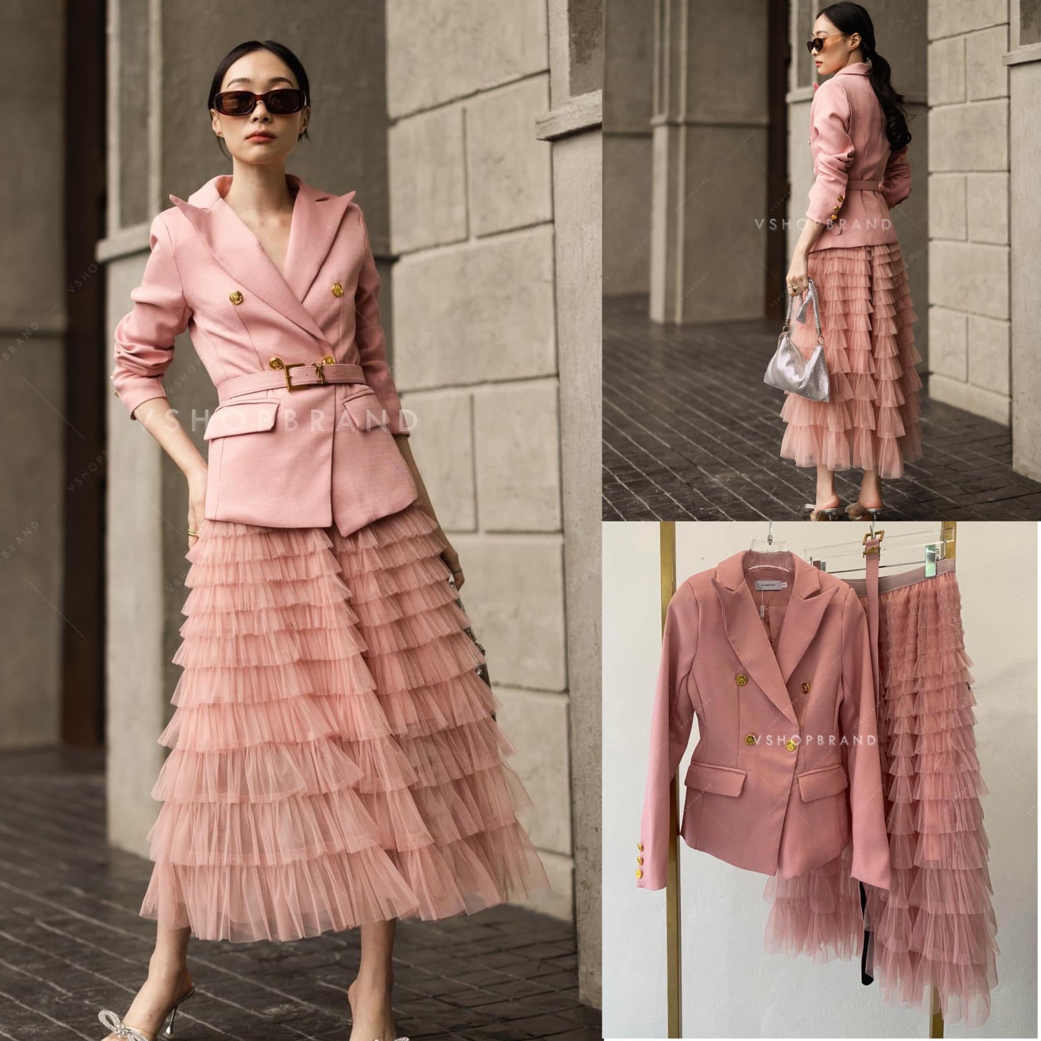 Set สูทกระดุมทอง+กระโปรงระบาย+เช็มขัด สินค้าคุณภาพ (พร้อมส่ง)