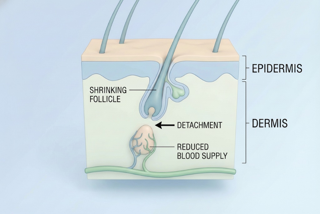 ภาพจำลองรากผมฝ่อตัวหลุดจากเส้นเลือดหล่อเลี้ยง แสดงสาเหตุผมร่วงจากภายใน
