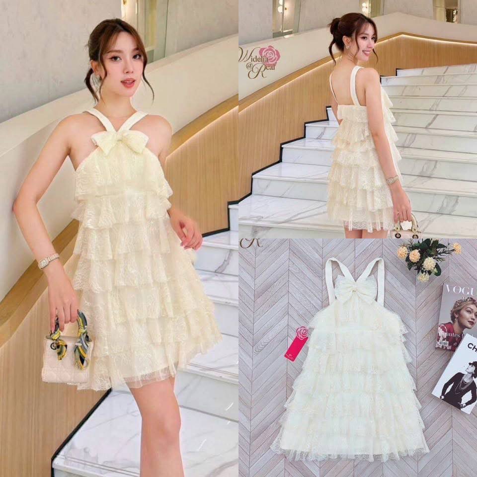 Dress เดรสสายเดี่ยว อกเย็บโชว์ เนื้อผ้าลูกไม้นุ่มนิ่มปักเลื่อมวิ้งๆ เย็บระบายเป็นชั้นๆทั้งตัว งานซิปข้าง ผ้าทิ้งตัว ใส่สบาย : สินค้าคุณภาพ (พร้อมส่ง)