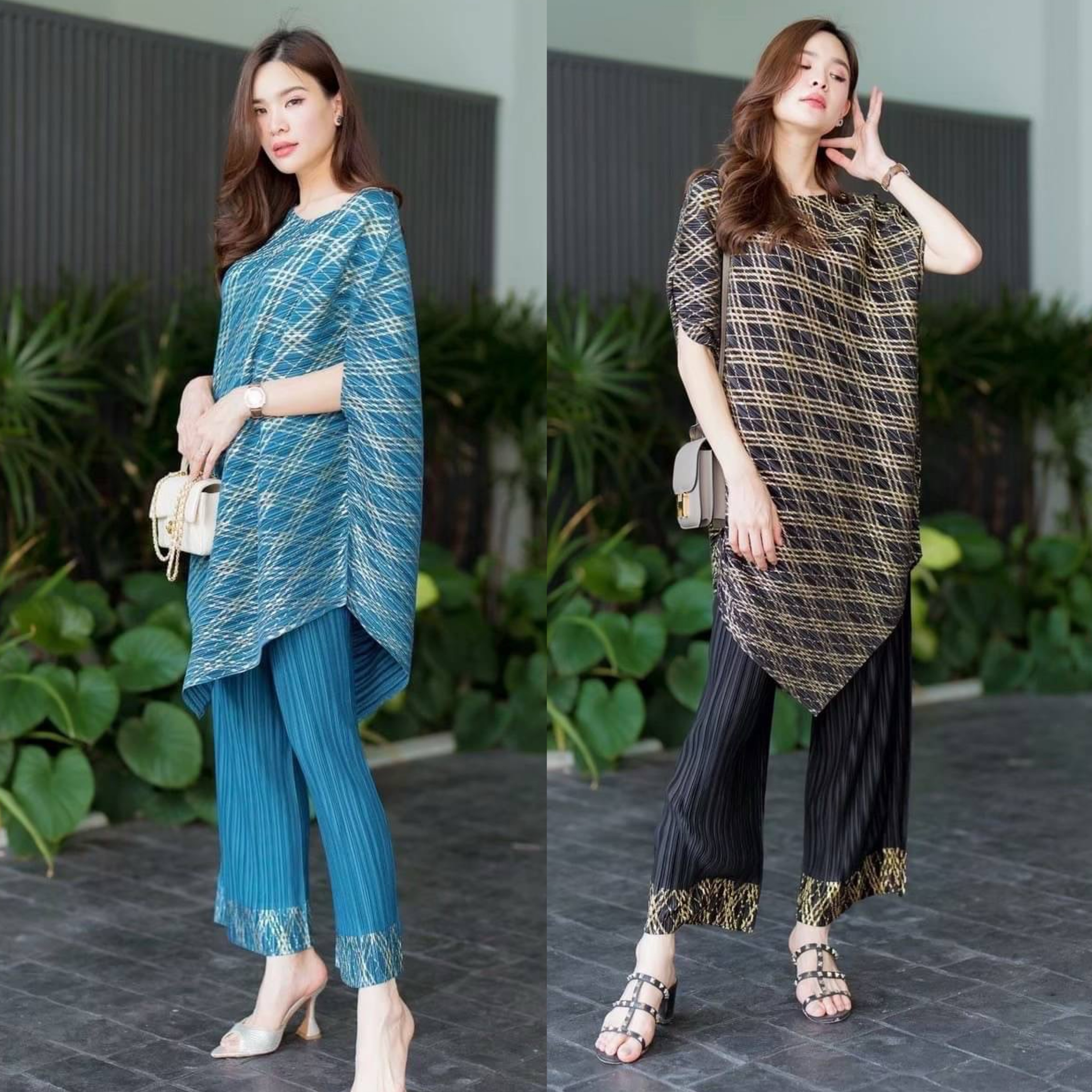 ชุดพลีท เสื้อเป็นทรงยาวไหล่เบี่ยง เฉลียงด้านข้าง +กางเกงเป็นทางขาบาน แต่ง ชายขอบกางเกงด้วยขลิบทอง ใส่สบาย สินค้าคุณภาพ (พร้อมส่ง)