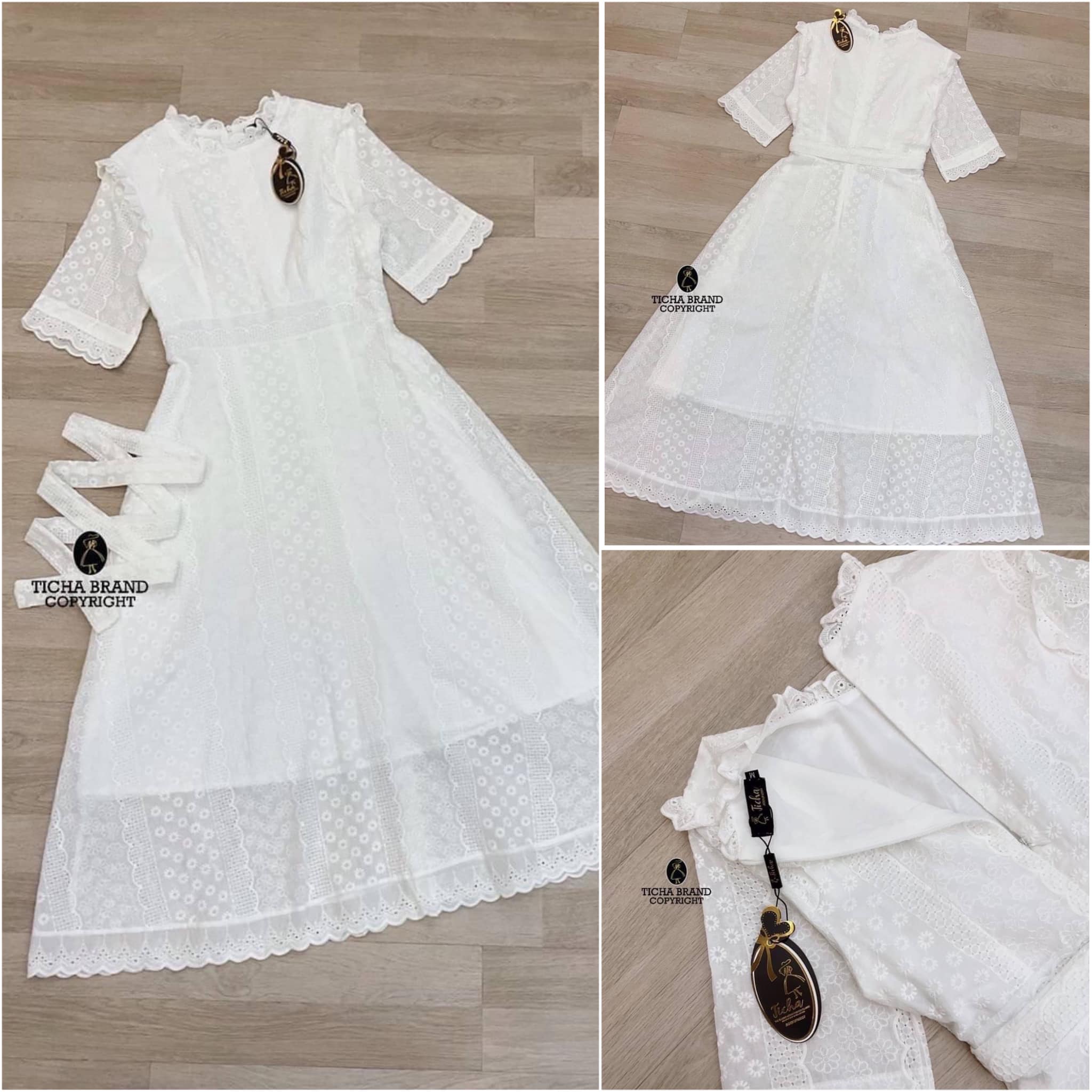 เดรสลูกไม้ฉลุลายดอกไม้สีครีมแขนสั้น ด้านหน้าแต่งกระดุมเรียงยาวใช้งานได้จริง ผ้าลูกไม้ ถักทอลายดอกไม้ ทอแน่น สวยมากเลยค่า มาพร้อม เข็มขัด 👍🏻 สินค้าคุณภาพ (พร้อมส่ง)