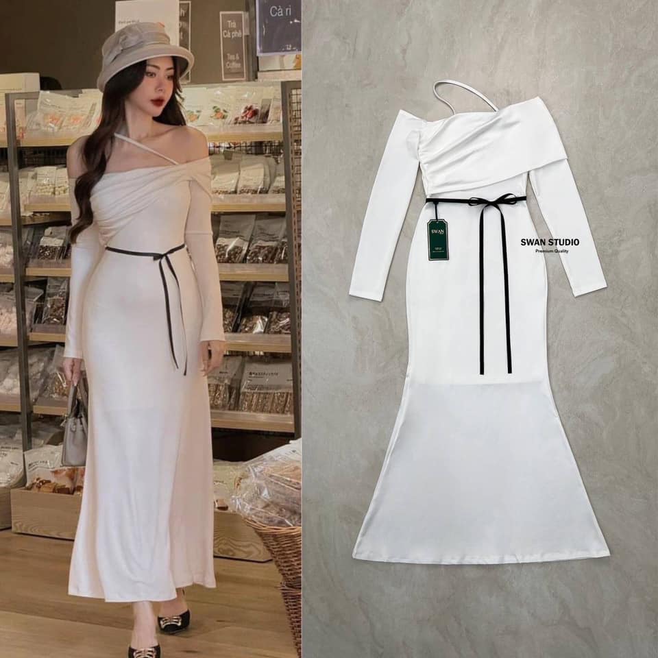 เดรสยาวปาดไหล่สีขาว มีสายคาดที่ไหล่ เนื้อผ้ายืดอย่างดี มีซับใน มีสายเชือกสีดำตัดผูกเอว ใส่สบาย สินค้าคุณภาพ (พร้อมส่ง)