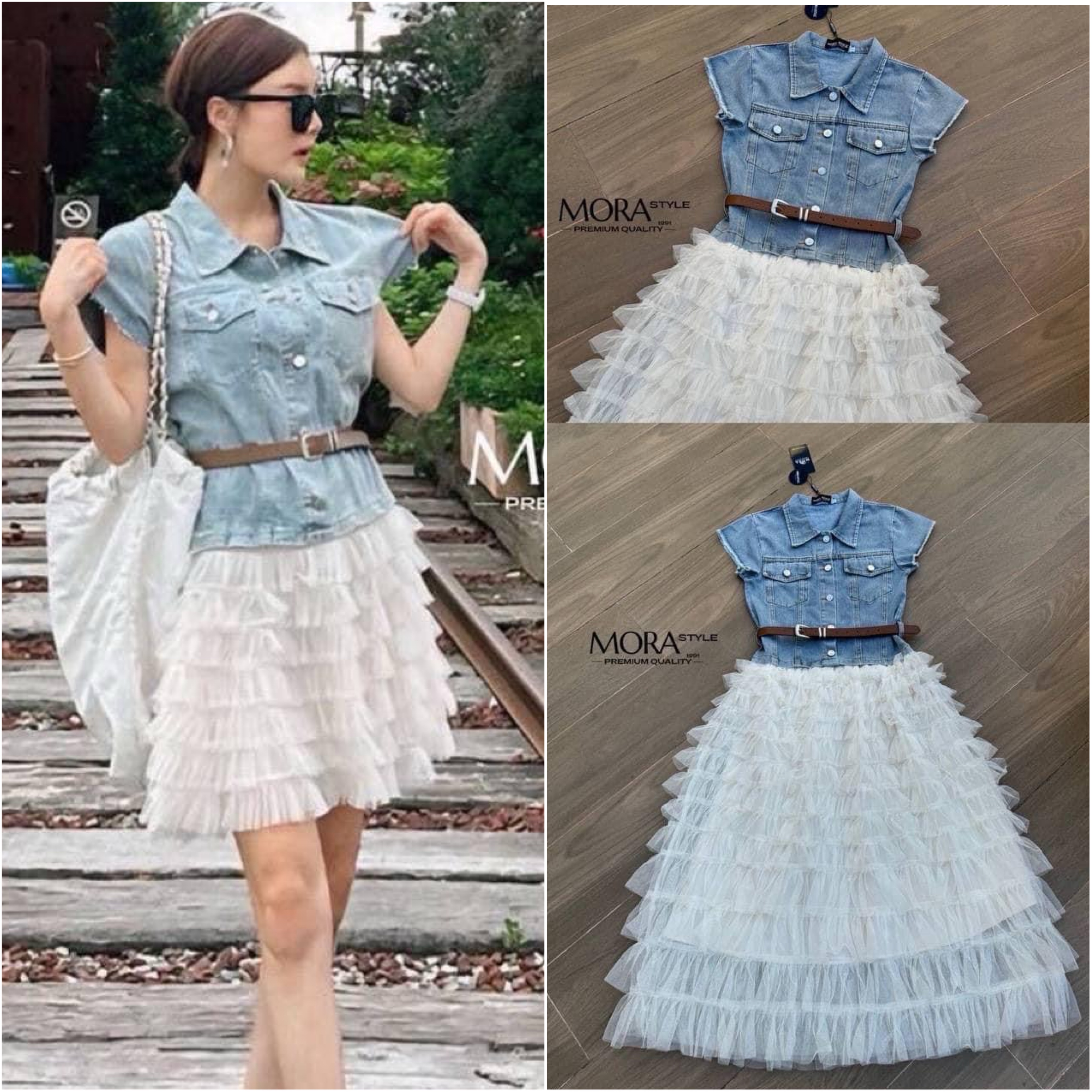 เดรสยีนตัดต่อผ้ามุ้งฟูฟร่อง งานกระดุมหน้า มีเข็มขัดให้ 1 เส้น รุ่นนี้น่ารักมากกก ใส่สบาย : สินค้าคุณภาพ (พร้อมส่ง)