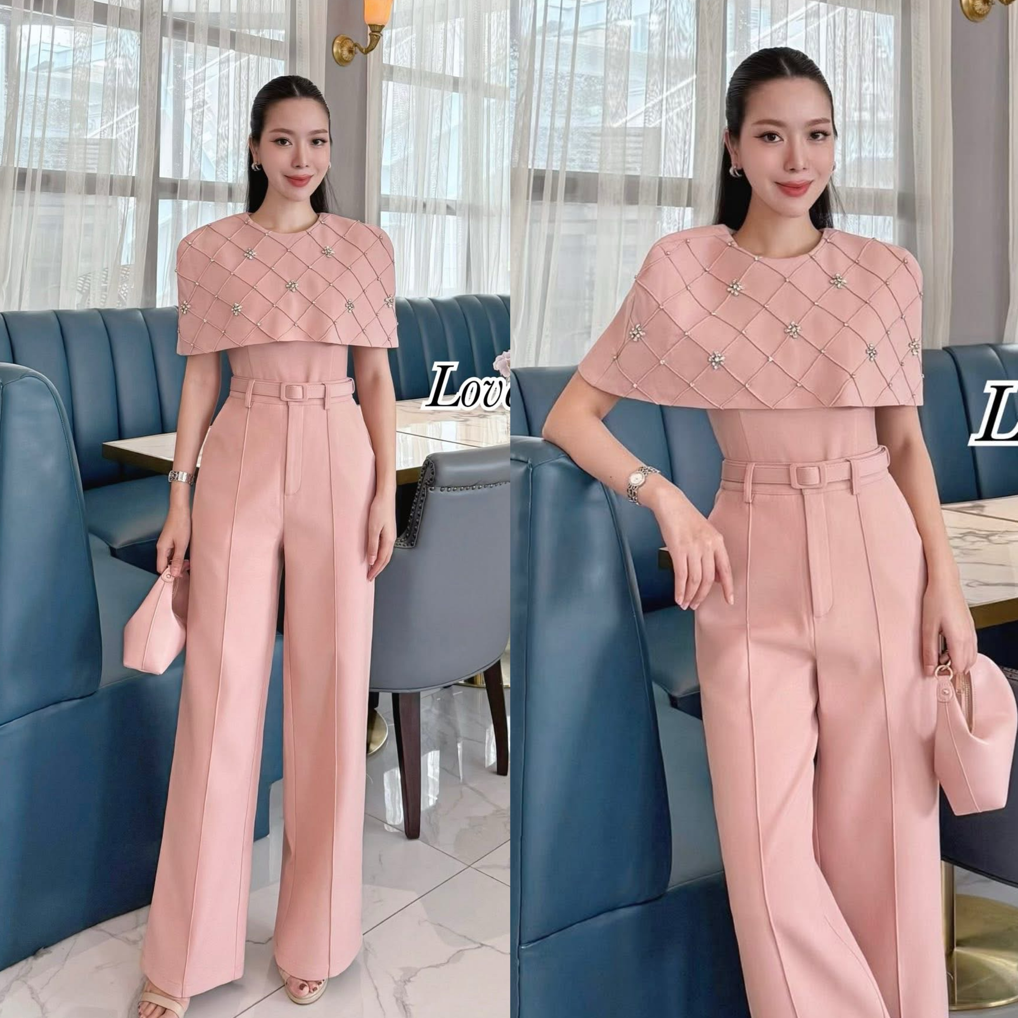 Set.3ชิ้น ลุคสวยหรูดูผู้ดี (ได้เสื้อ+กางเกง+เข็มขัด) ดีเทลตัวเสื้อคลุมไหล่ ทรงเข้ารูป เป็นงานซิบหลังถึงชายเสื้อ ช่วงปกด้านหน้าเย็บเป็นตาราง แต่งเพชร ใส่สบาย : สินค้าคุณภาพ (พร้อมส่ง)