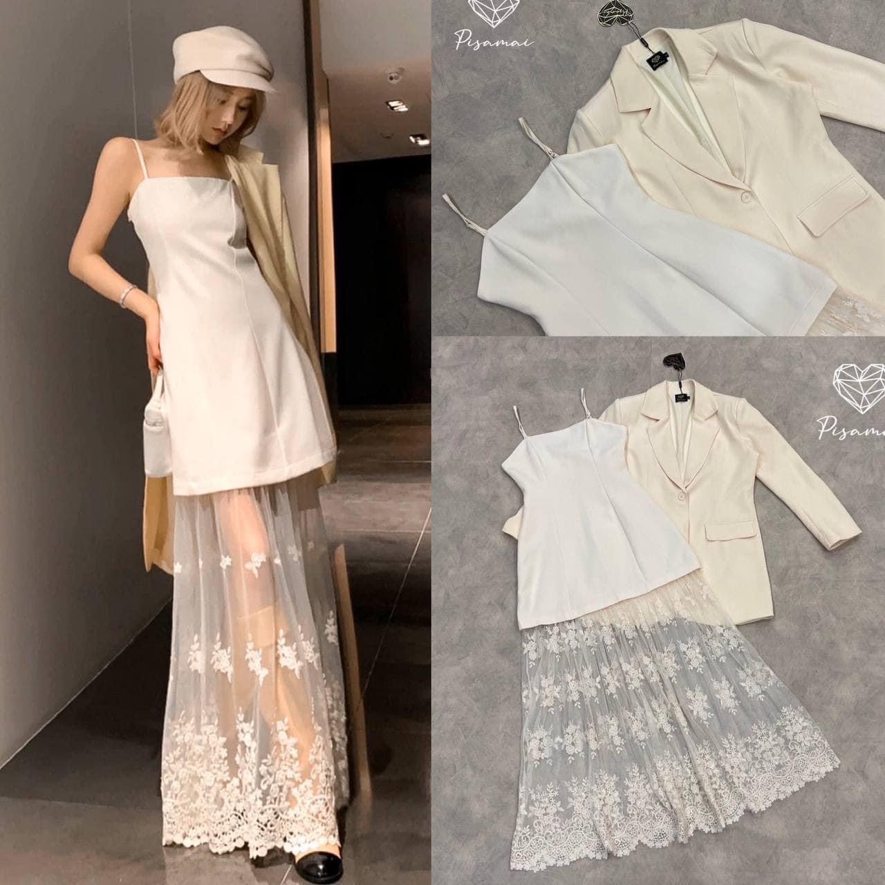 เซ็ตสายเดี่ยวสีครีมอ่อนแต่งระบายซีทรูยาวอลังด้านล่าง มาคู่กับเบเซอร์oversize คัทติ้งเป๊ะ ใส่สบาย : สินค้าคุณภาพ (พร้อมส่ง)