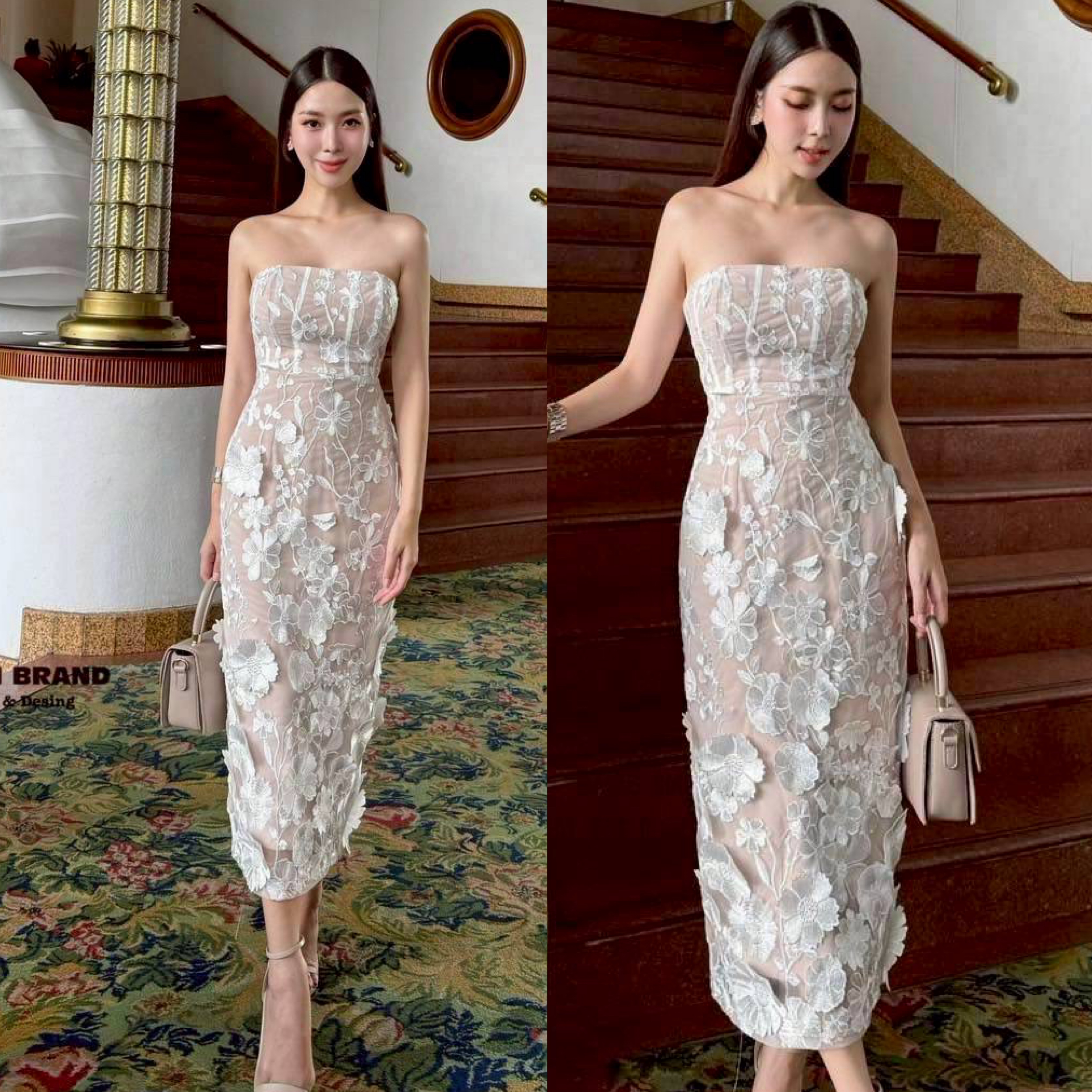 เดรสเกาะอก ทรงเข้ารูป ดีเทลแต่งดอกไม้3D แน่นๆ มาให้ทั้งตัว ตัดด้วยชับในสีเนื้อ อกเสริมฟองน้ำ ืใส่สบาย : สินค้าคุณภาพ (พร้อมส่ง)